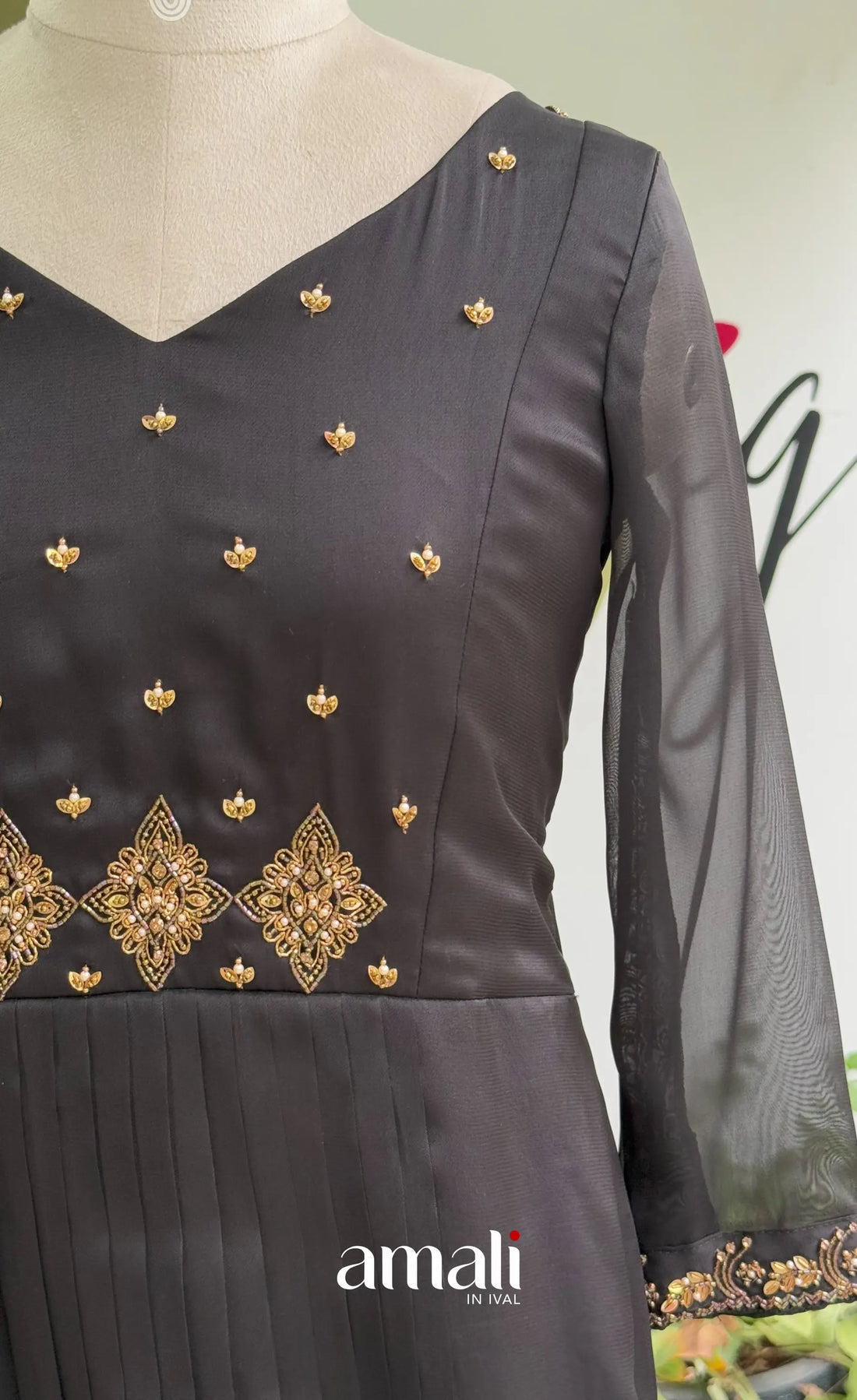Black Aari Handworked Georgette A-Line Top - salwar