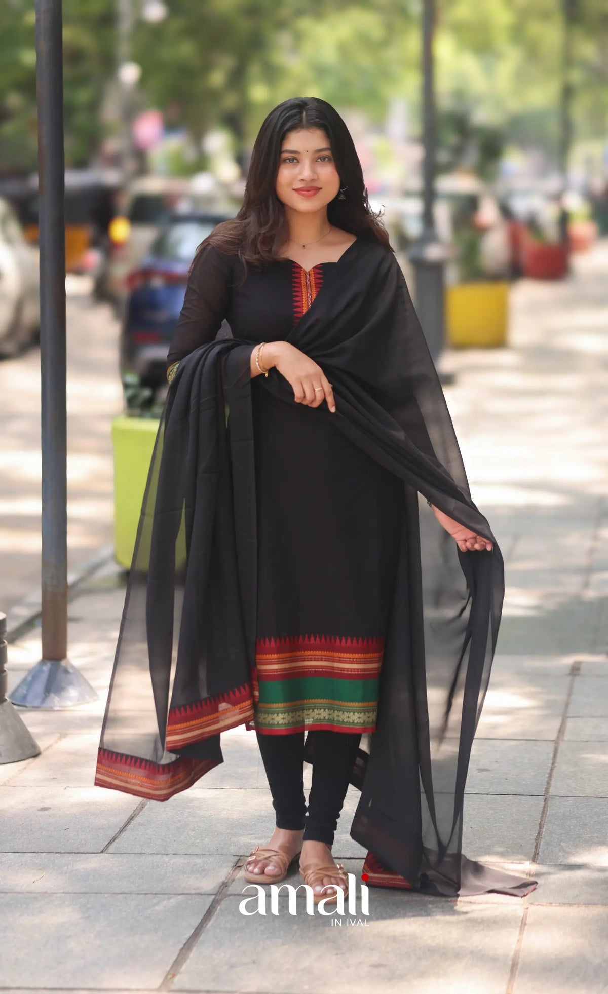 Black and Red Chettinad Cotton Salwar Set - salwar