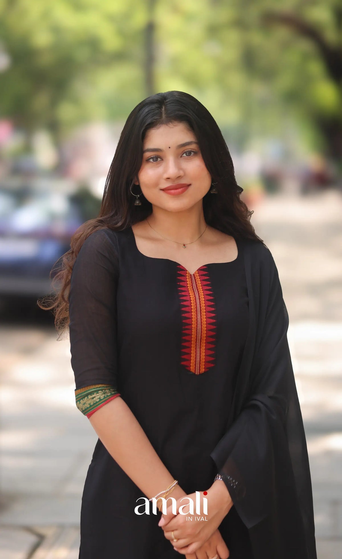 Black and Red Chettinad Cotton Salwar Set - salwar