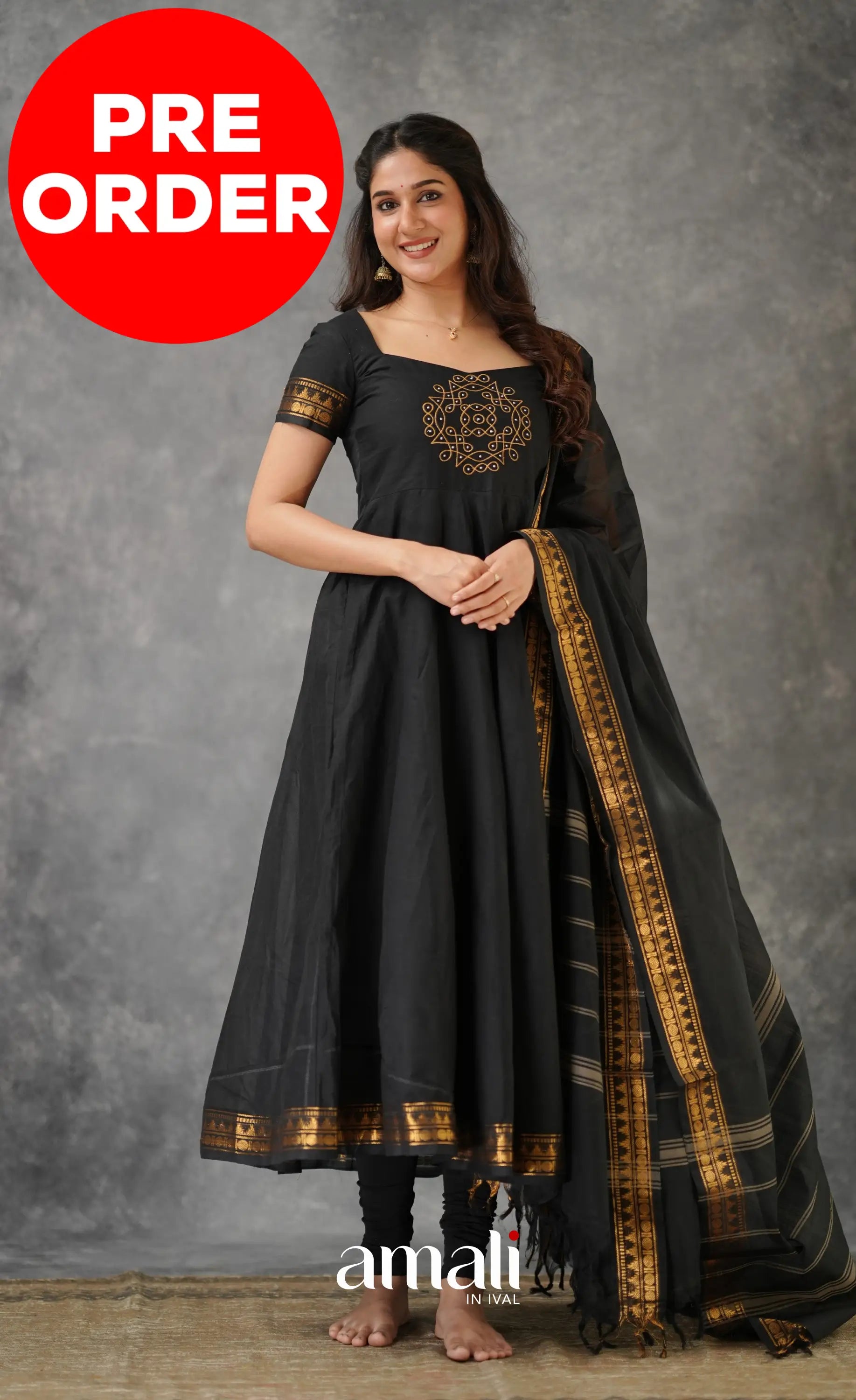 Black Chettinad Cotton Anarkali Anarkalis