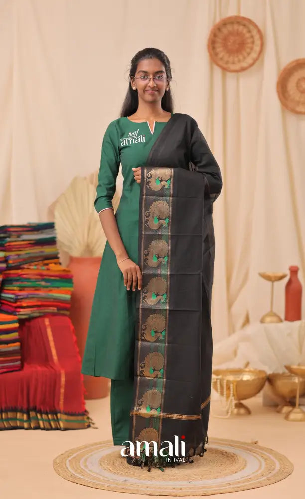 Black With Green Chettinad Cotton Dupatta salwar