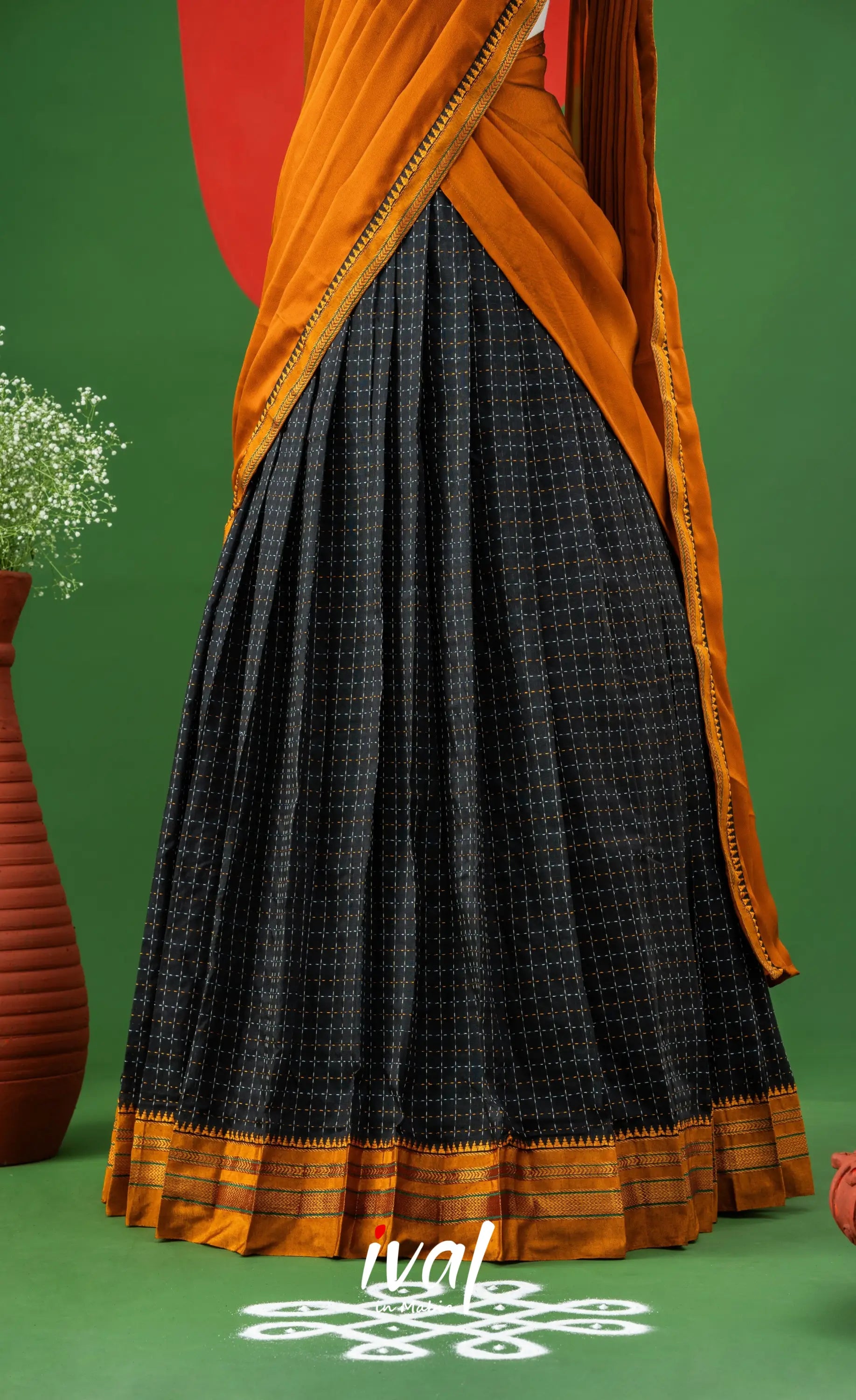 Black with Mustard Yellow Semi-Stitched Blended Silk Halfsaree Half Sarees