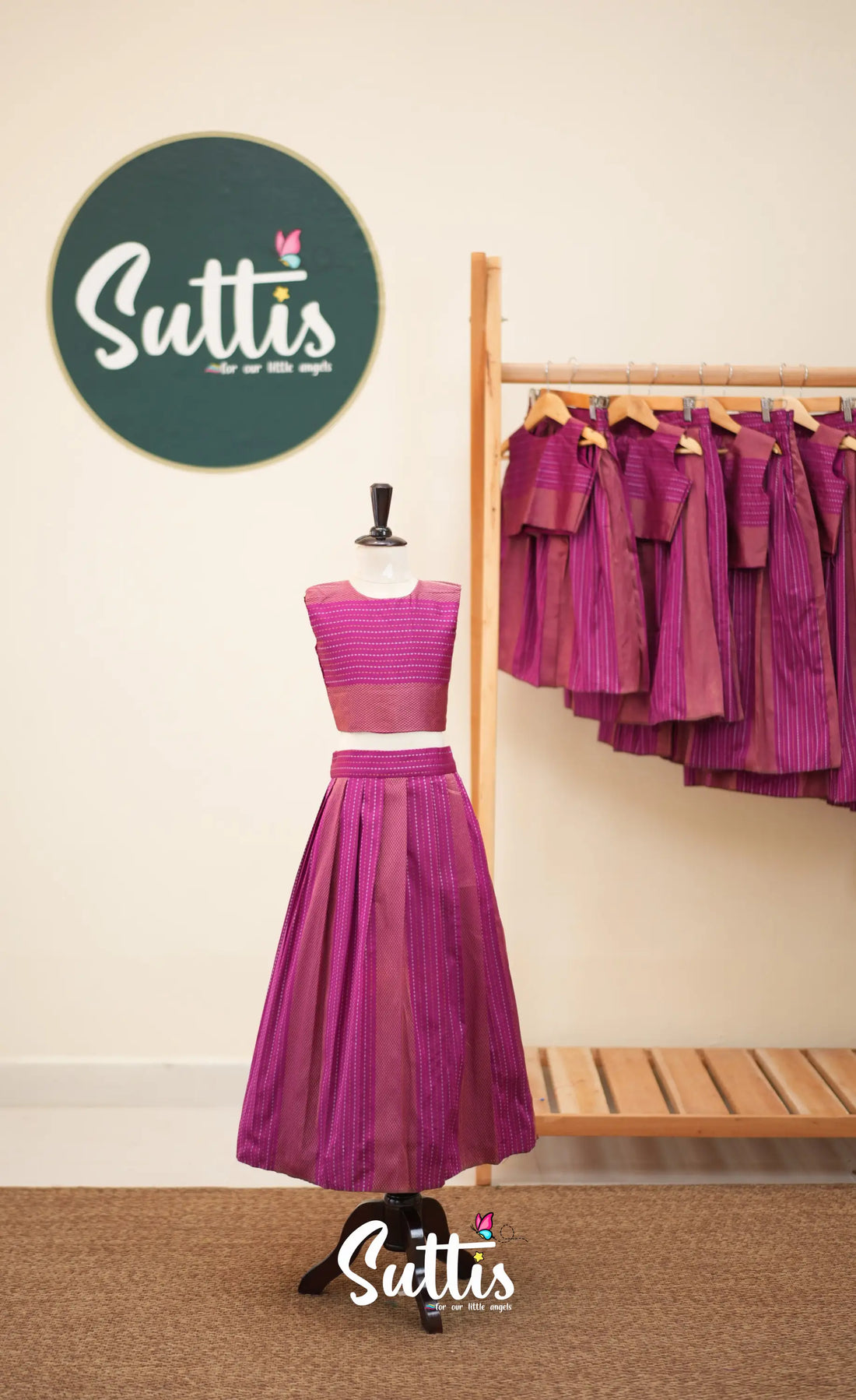 Blended Silk Crop Top and Skirt- Magenta - Kids-Suttis