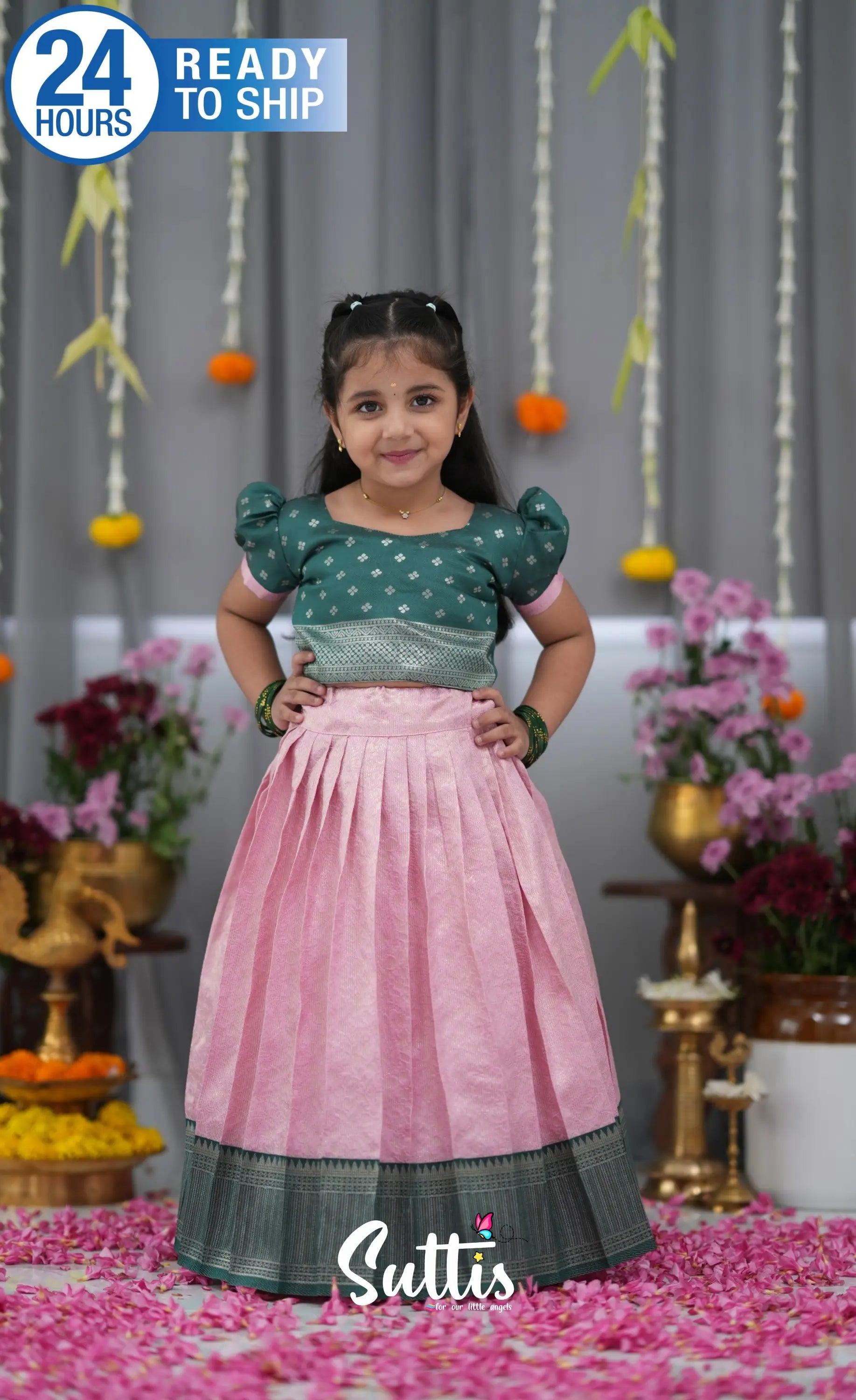 Blended Silk Croptop & Skirt Light Pink and Bottle Green Kids Suttis