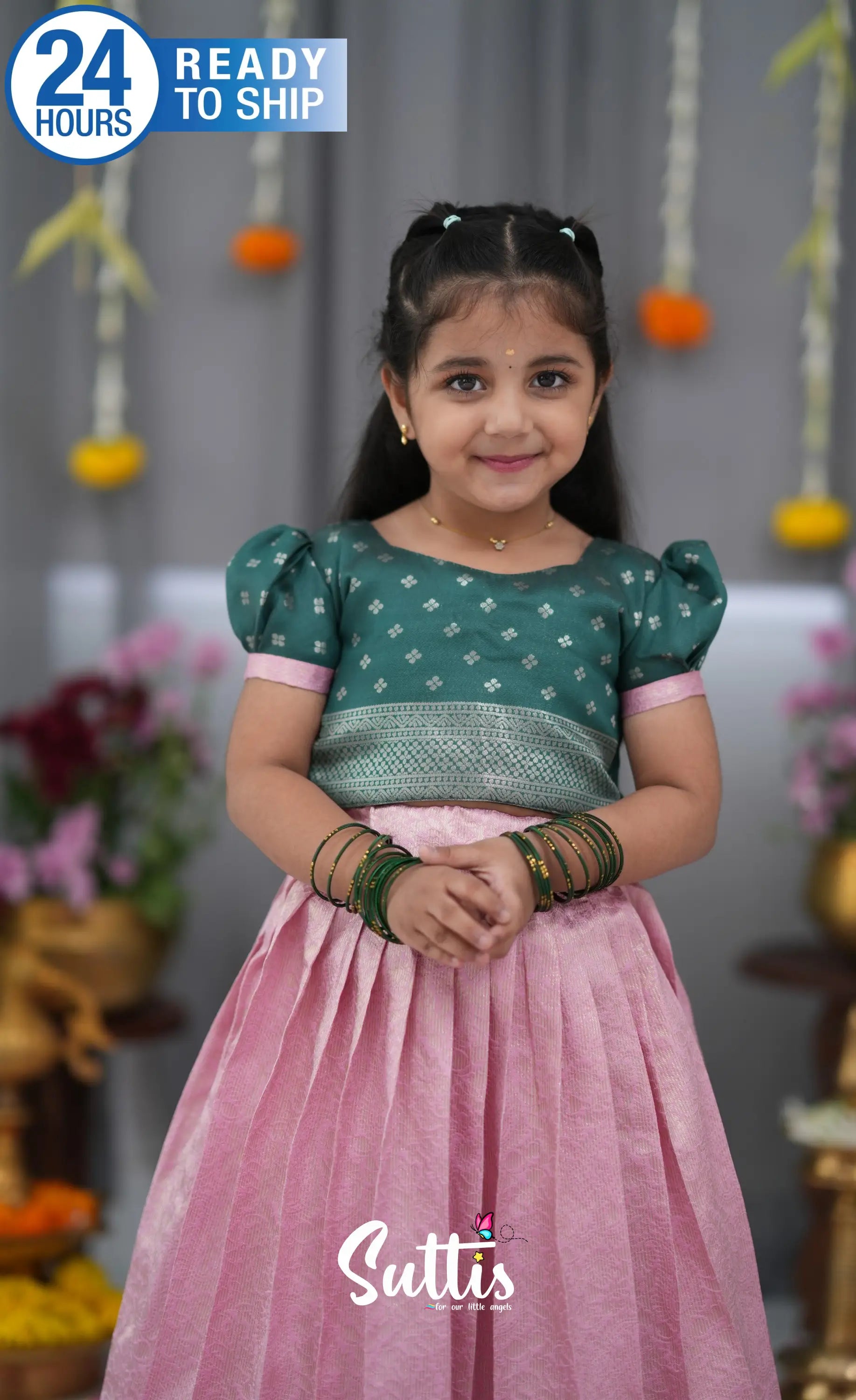 Blended Silk Croptop & Skirt Light Pink and Bottle Green Kids Suttis