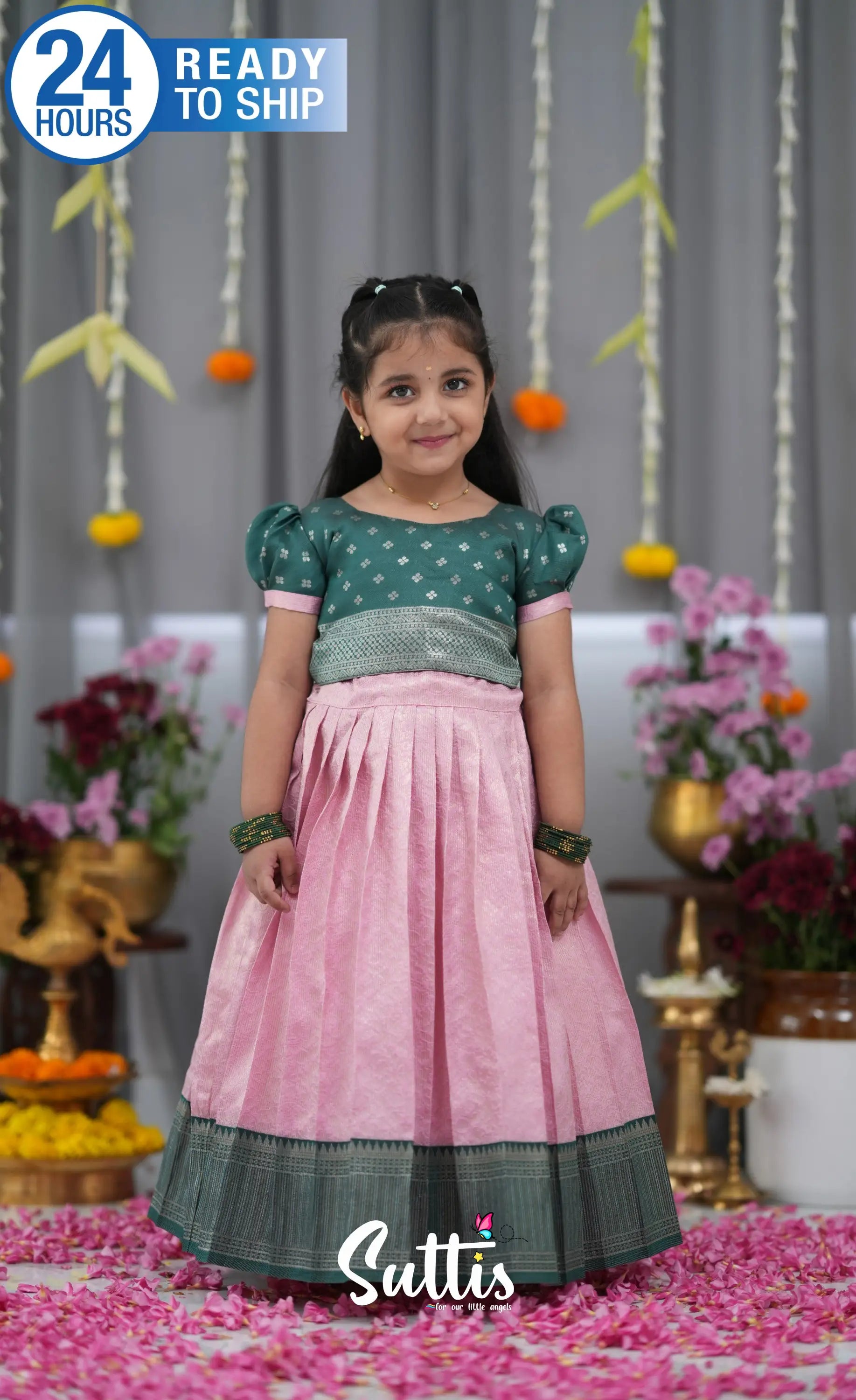 Blended Silk Croptop & Skirt Light Pink and Bottle Green Kids Suttis
