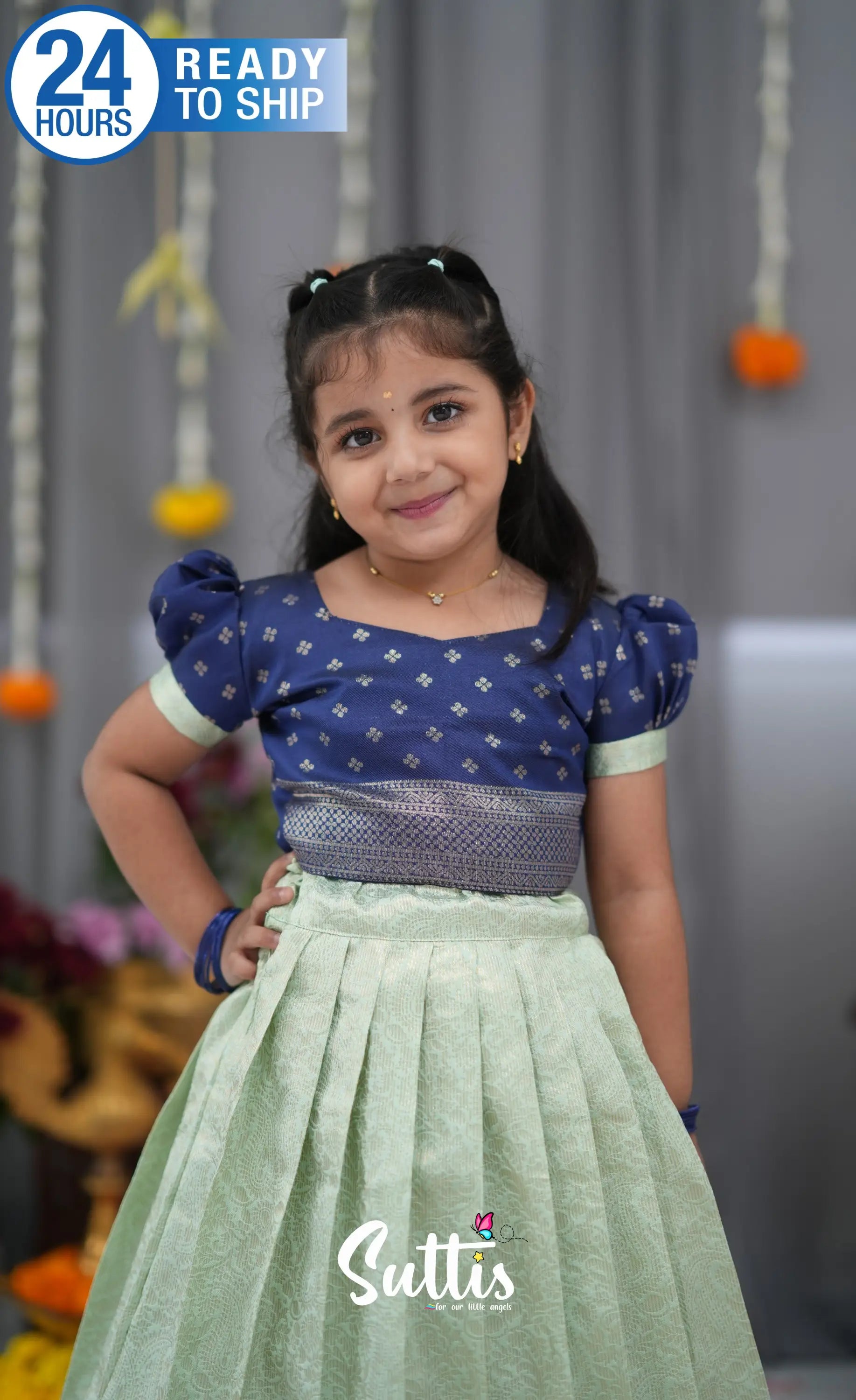 Blended Silk Croptop & Skirt Pastel Blue and Dark Blue Kids Suttis