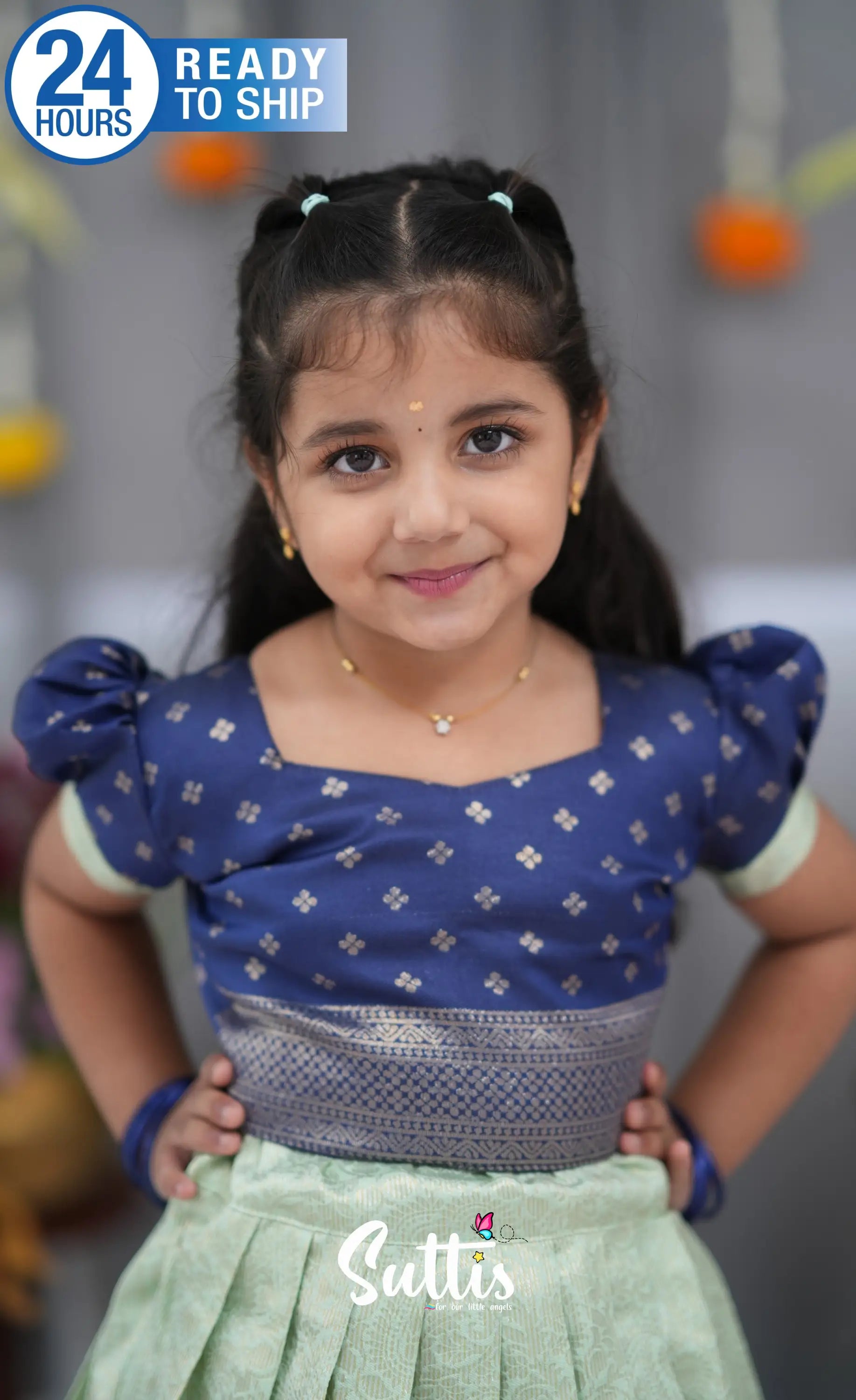 Blended Silk Croptop & Skirt Pastel Blue and Dark Blue Kids Suttis