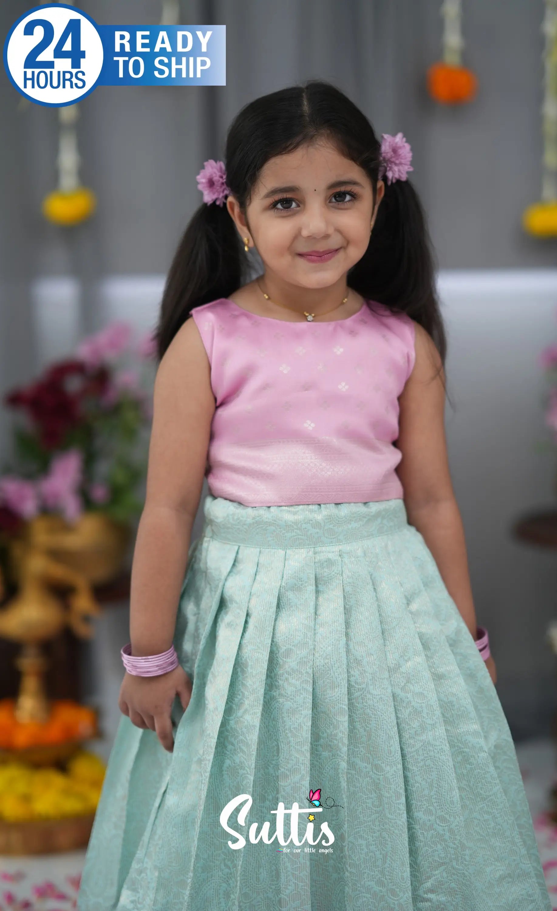 Blended Silk Croptop & Skirt Sky Blue and Baby Pink Kids Suttis