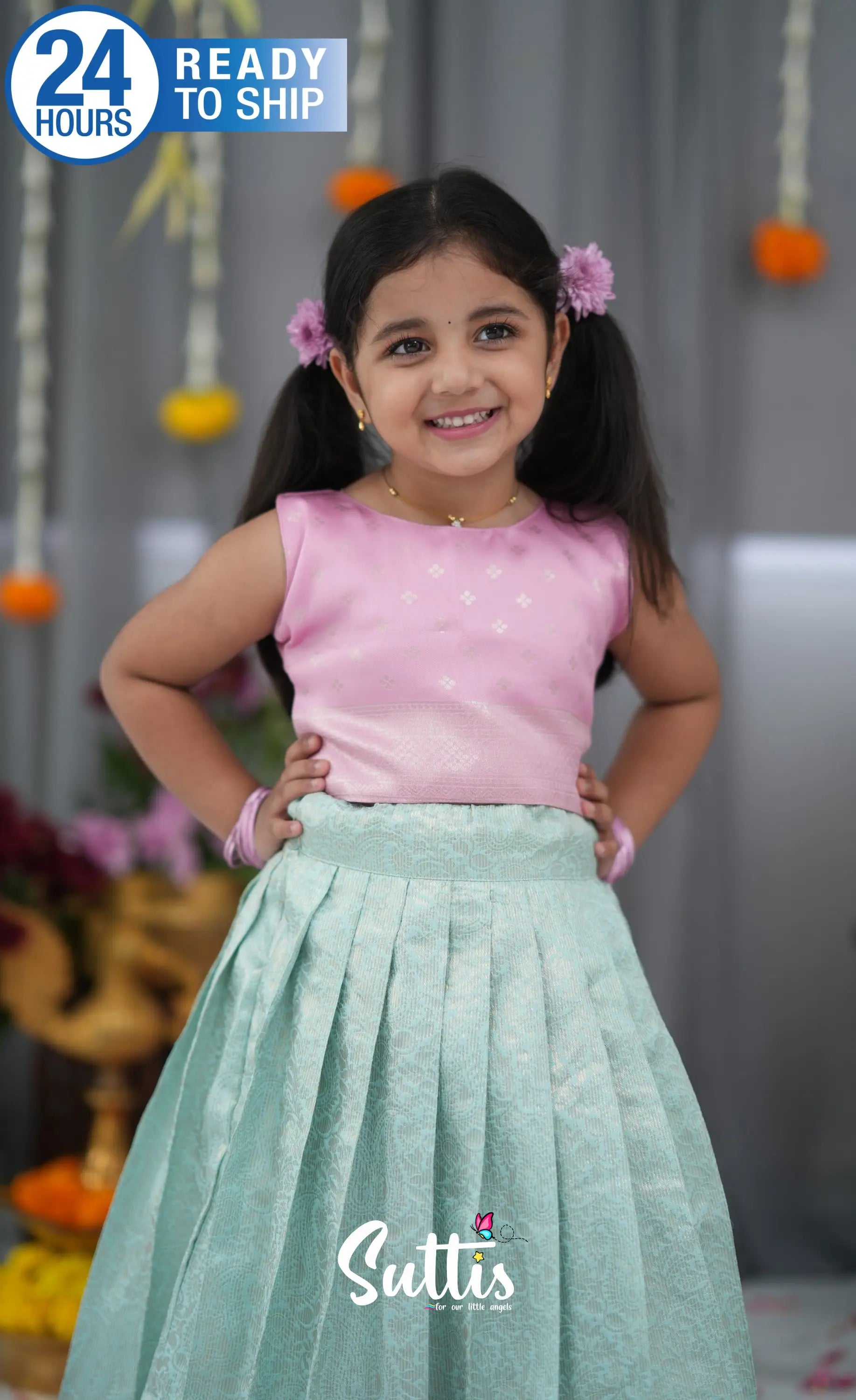 Blended Silk Croptop & Skirt Sky Blue and Baby Pink Kids Suttis