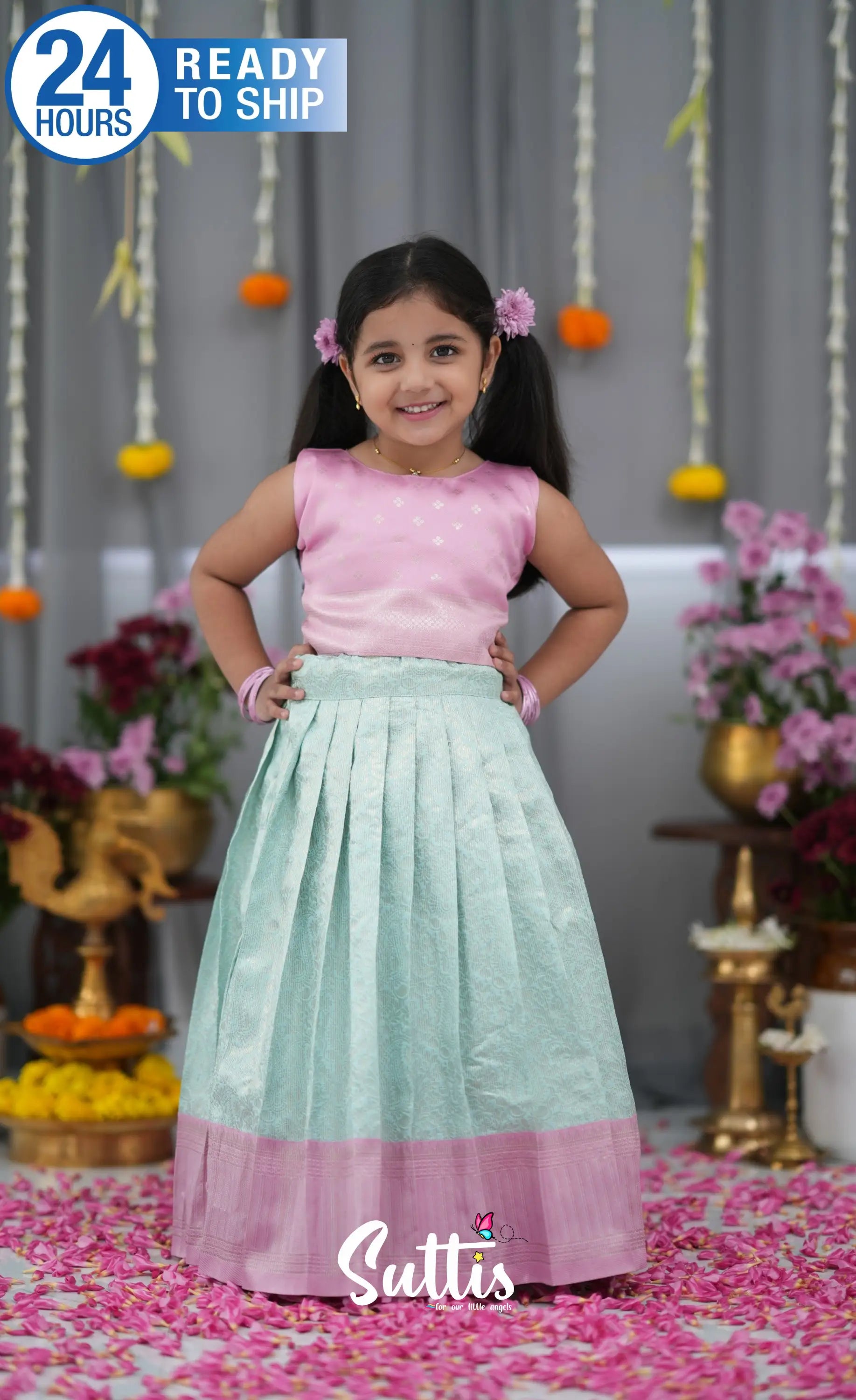 Blended Silk Croptop & Skirt Sky Blue and Baby Pink Kids Suttis