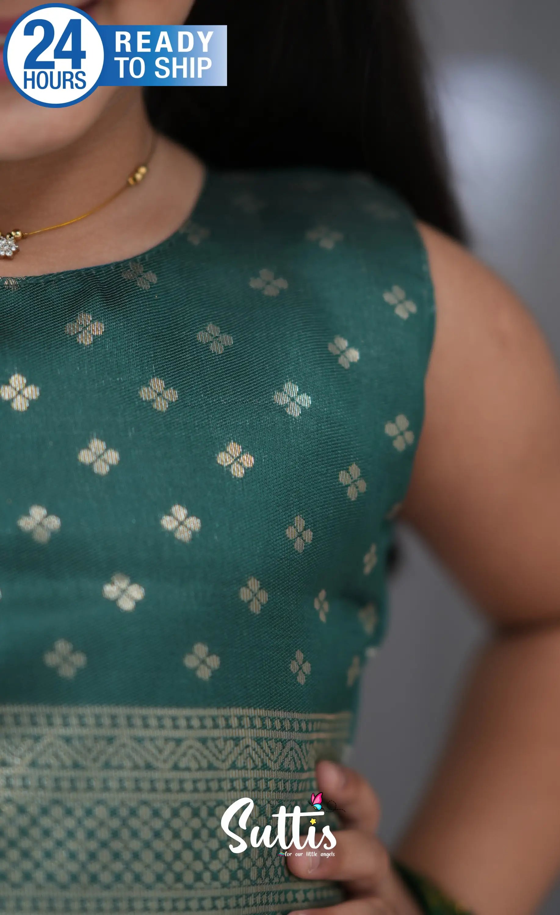 Blended Silk Croptop & Skirt Yellow and Bottle Green Kids Suttis