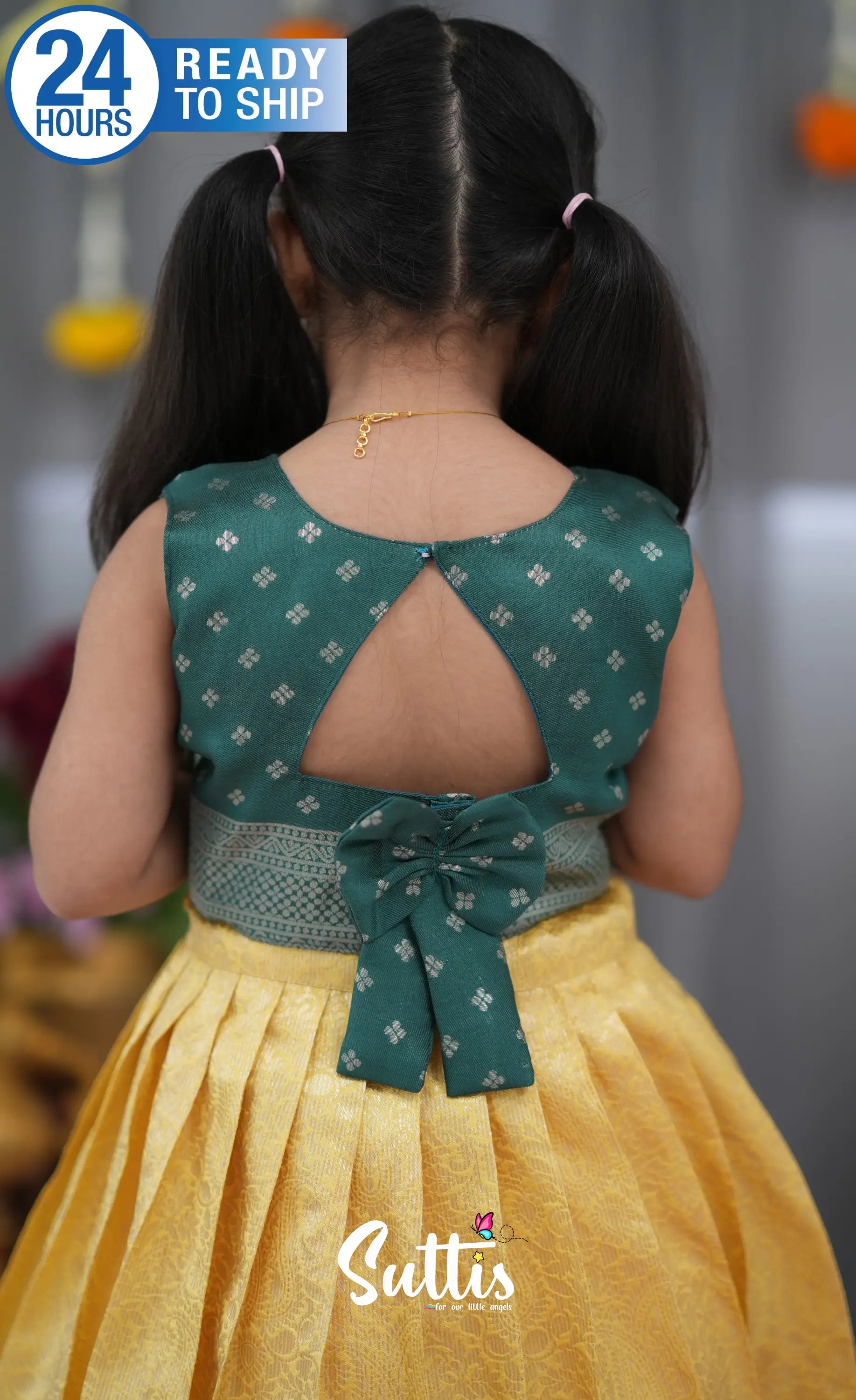 Blended Silk Croptop & Skirt Yellow and Bottle Green Kids Suttis