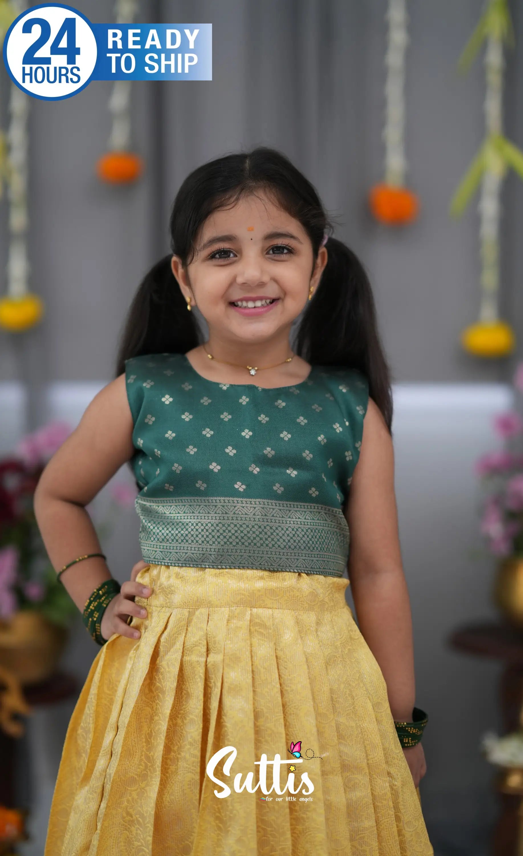 Blended Silk Croptop & Skirt Yellow and Bottle Green Kids Suttis