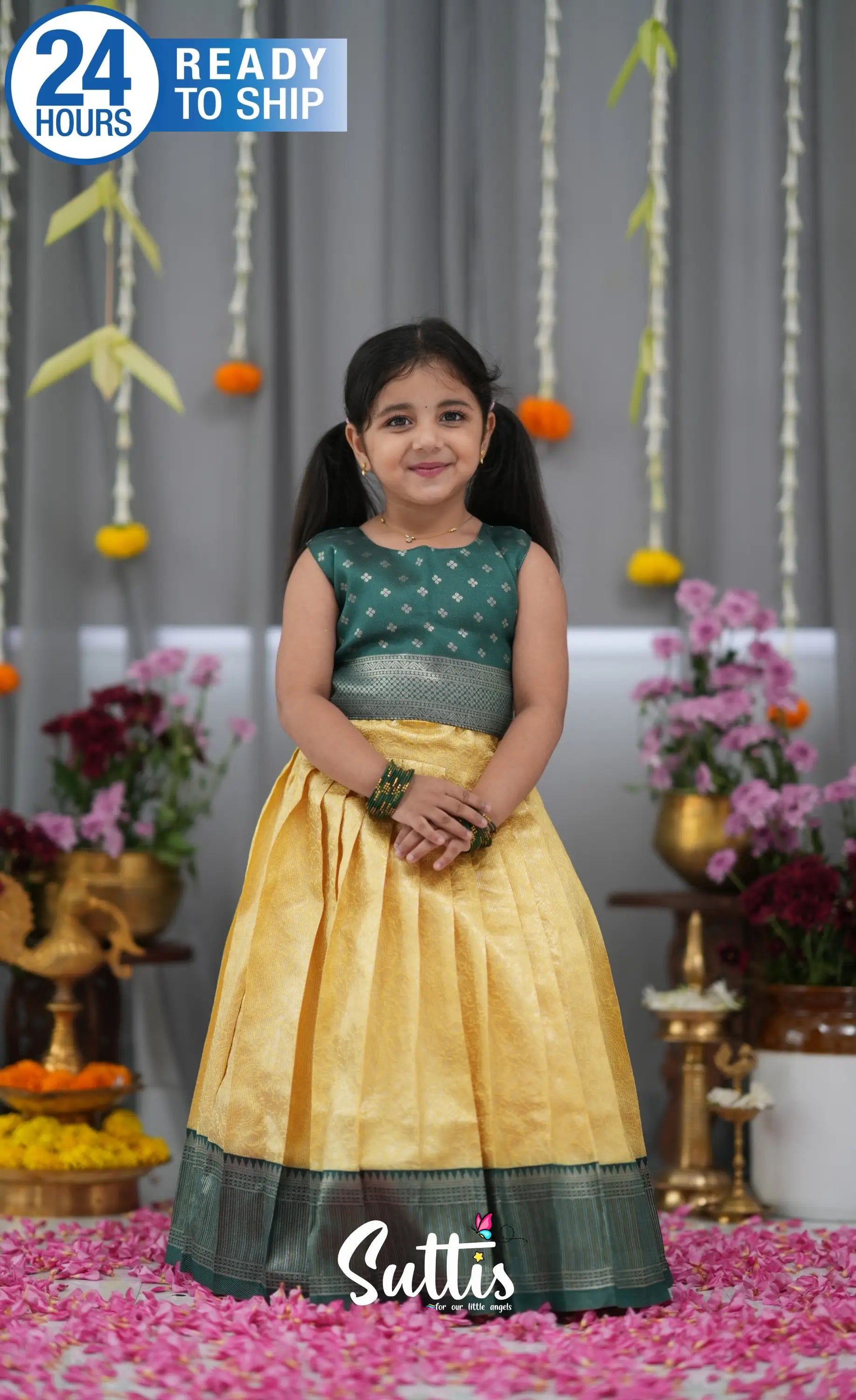 Blended Silk Croptop & Skirt Yellow and Bottle Green Kids Suttis