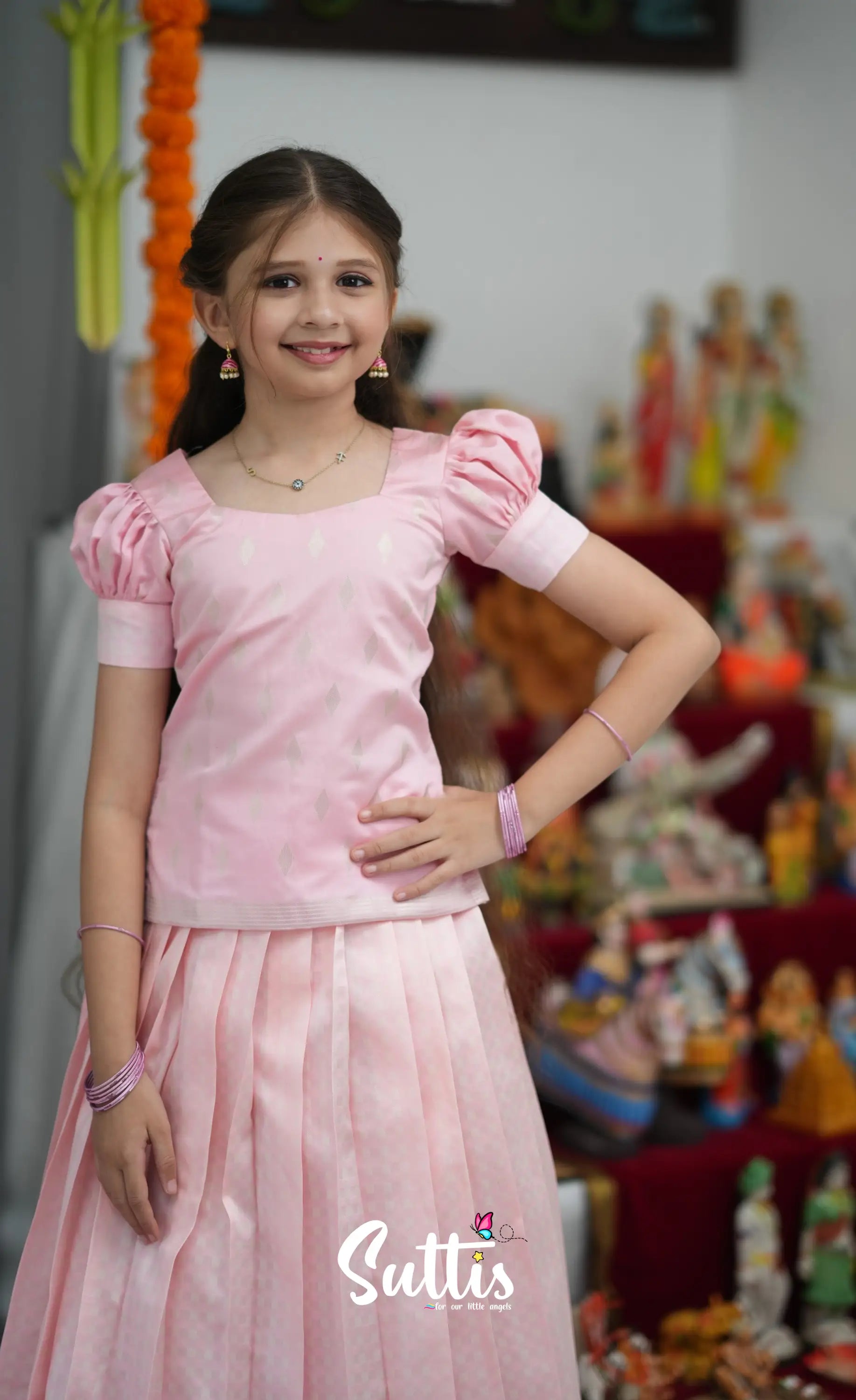 Blended Silk Pavadai Sattai - Baby Pink and White Kids-Suttis