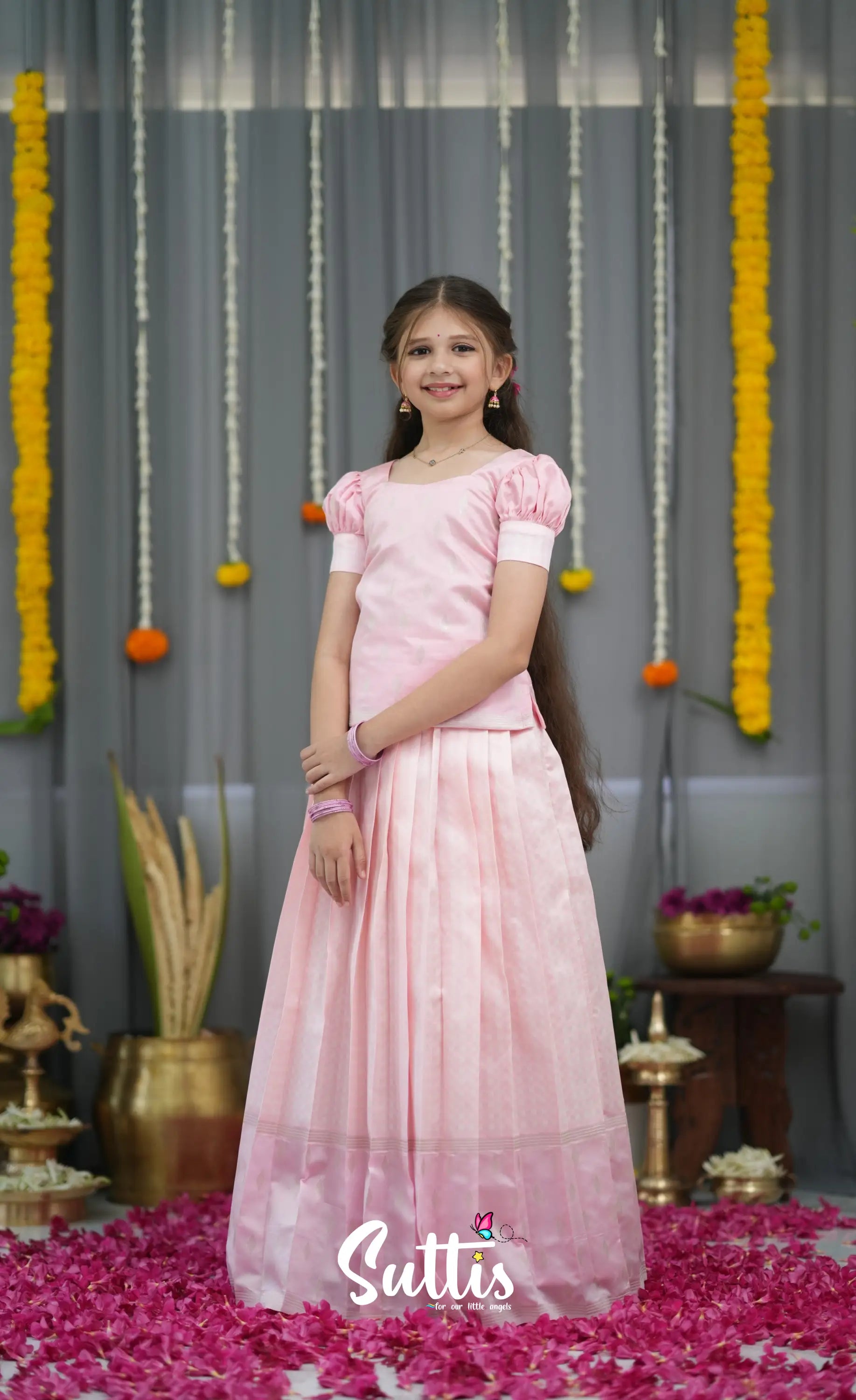 Blended Silk Pavadai Sattai - Baby Pink and White Kids-Suttis