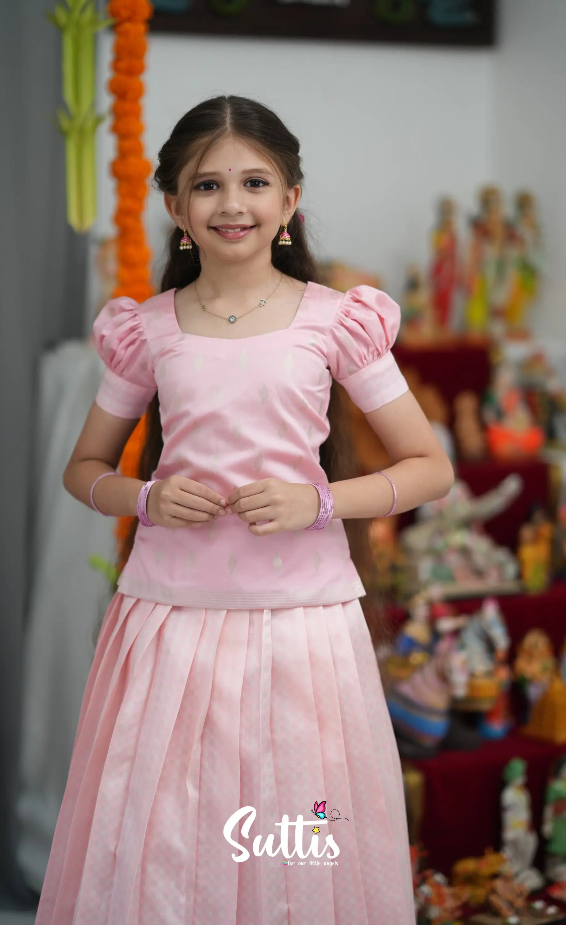 Blended Silk Pavadai Sattai - Baby Pink and White Kids-Suttis