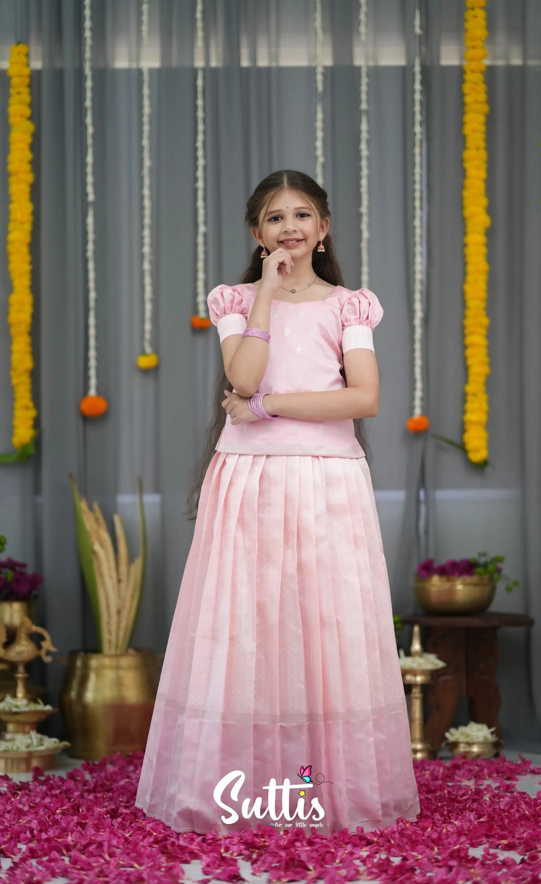 Blended Silk Pavadai Sattai - Baby Pink and White Kids-Suttis