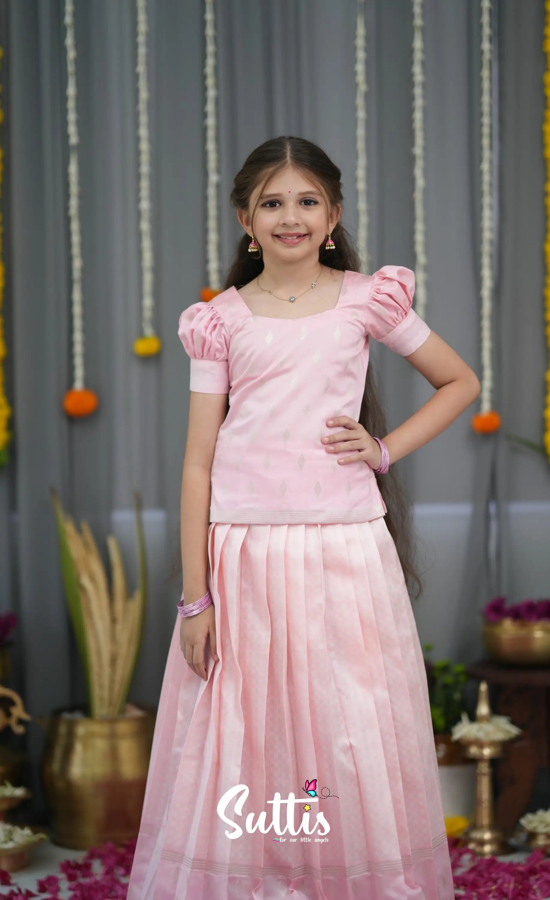 Blended Silk Pavadai Sattai - Baby Pink and White Kids-Suttis