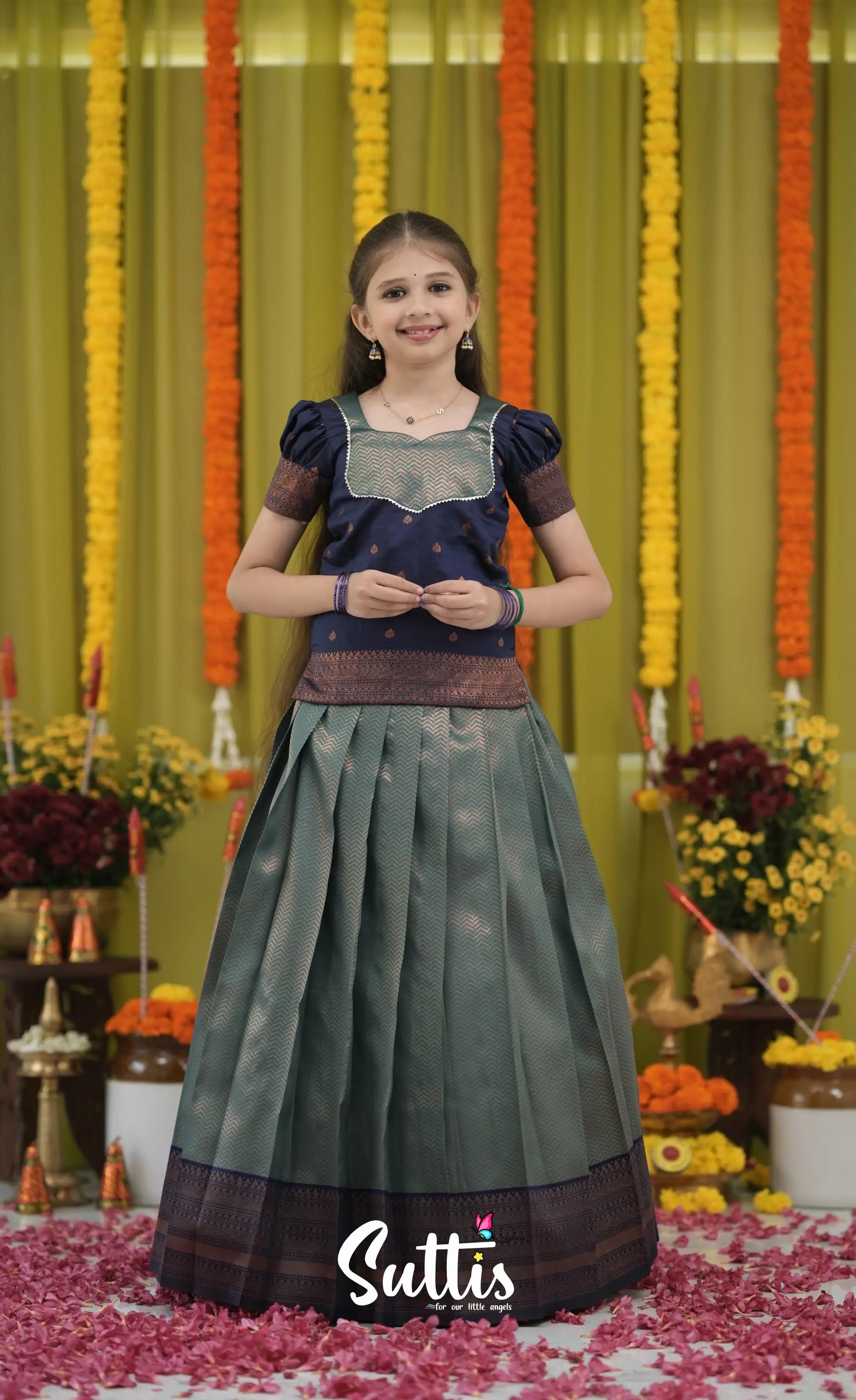 Blended Silk Pavadai Sattai - Blue and Navy Blue Kids-Suttis