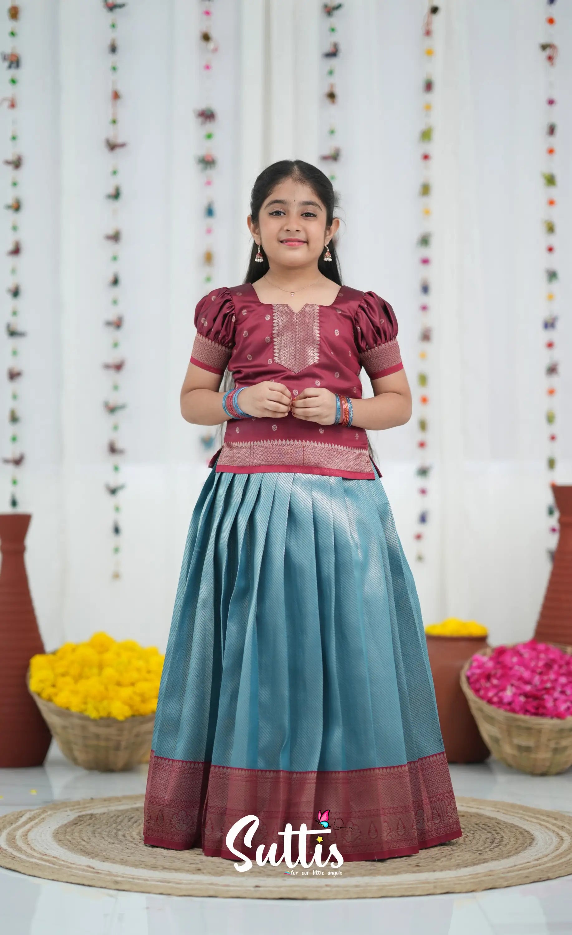 Blended Silk Pavadai Sattai Blue and Red Kids Suttis