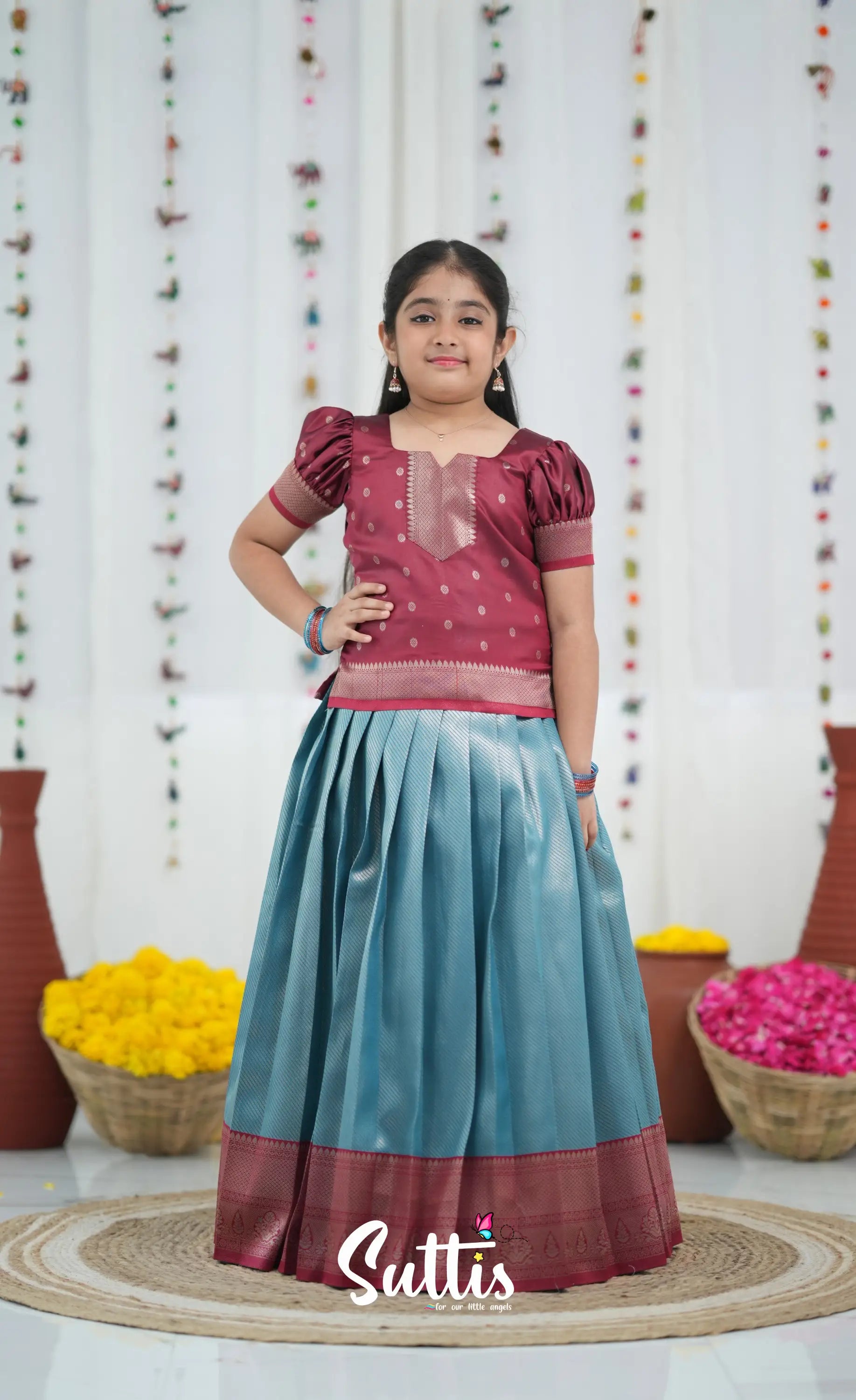 Blended Silk Pavadai Sattai Blue and Red Kids Suttis