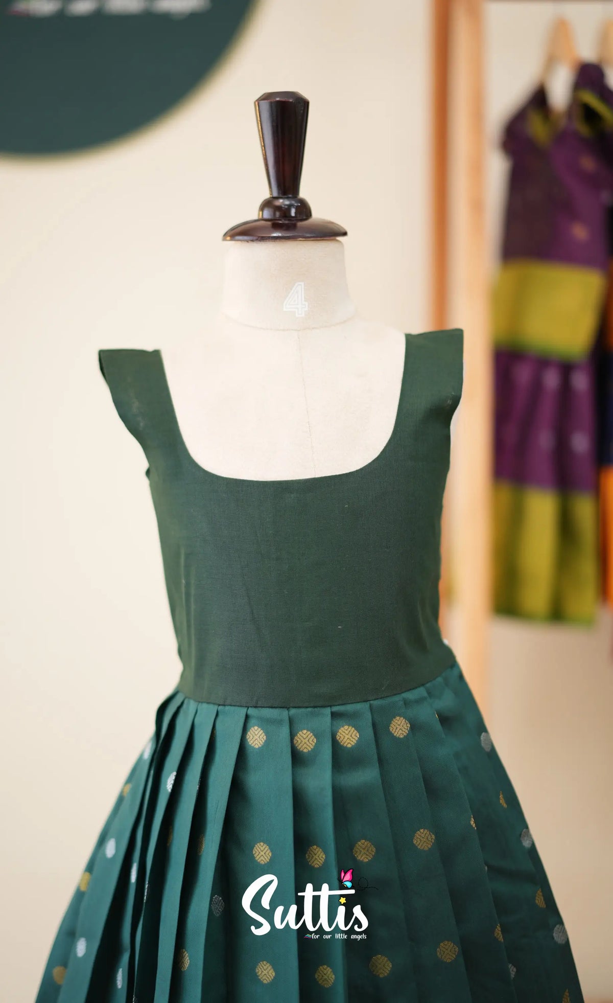 Blended Silk Pavadai Sattai - Bottle Green and Red - Kids-Suttis