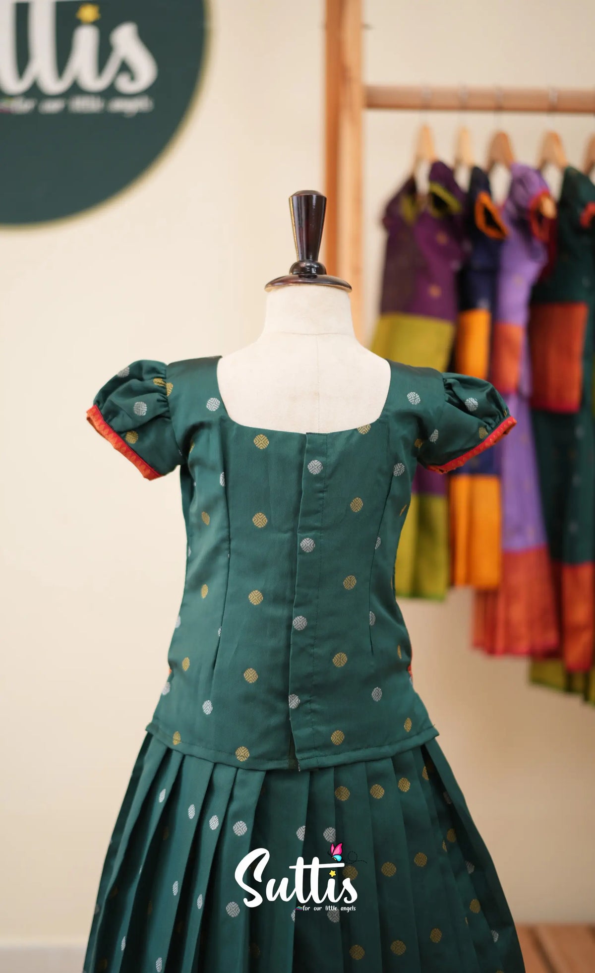 Blended Silk Pavadai Sattai - Bottle Green and Red - Kids-Suttis