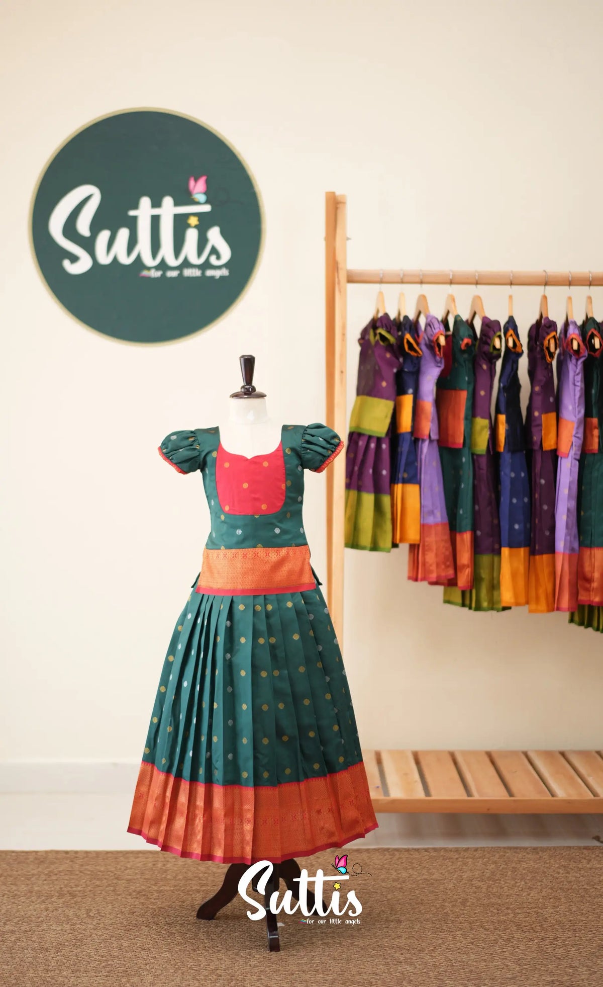Blended Silk Pavadai Sattai - Bottle Green and Red - Kids-Suttis