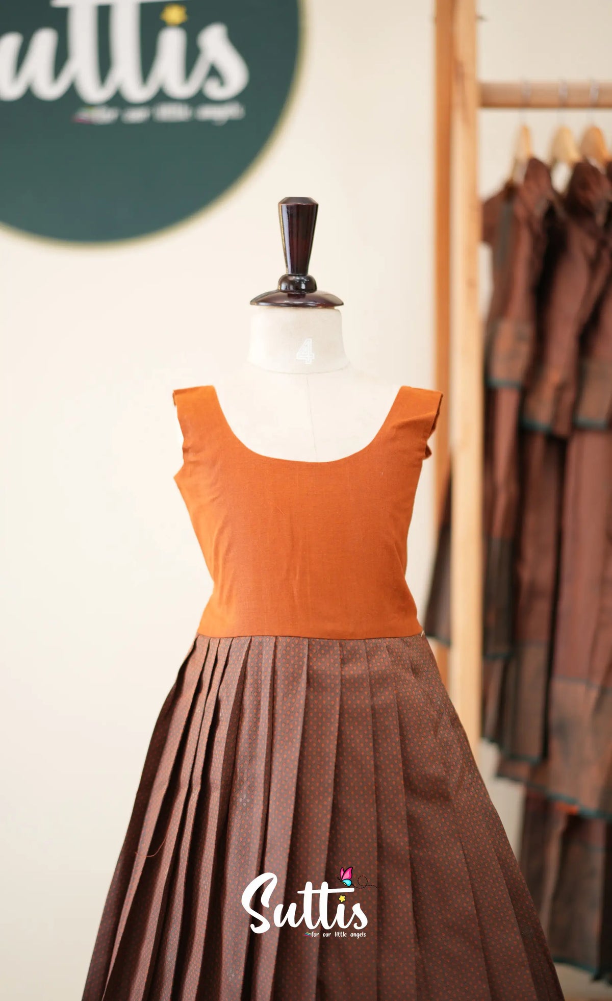 Blended Silk Pavadai Sattai - Brown and Deep Green - Kids-Suttis