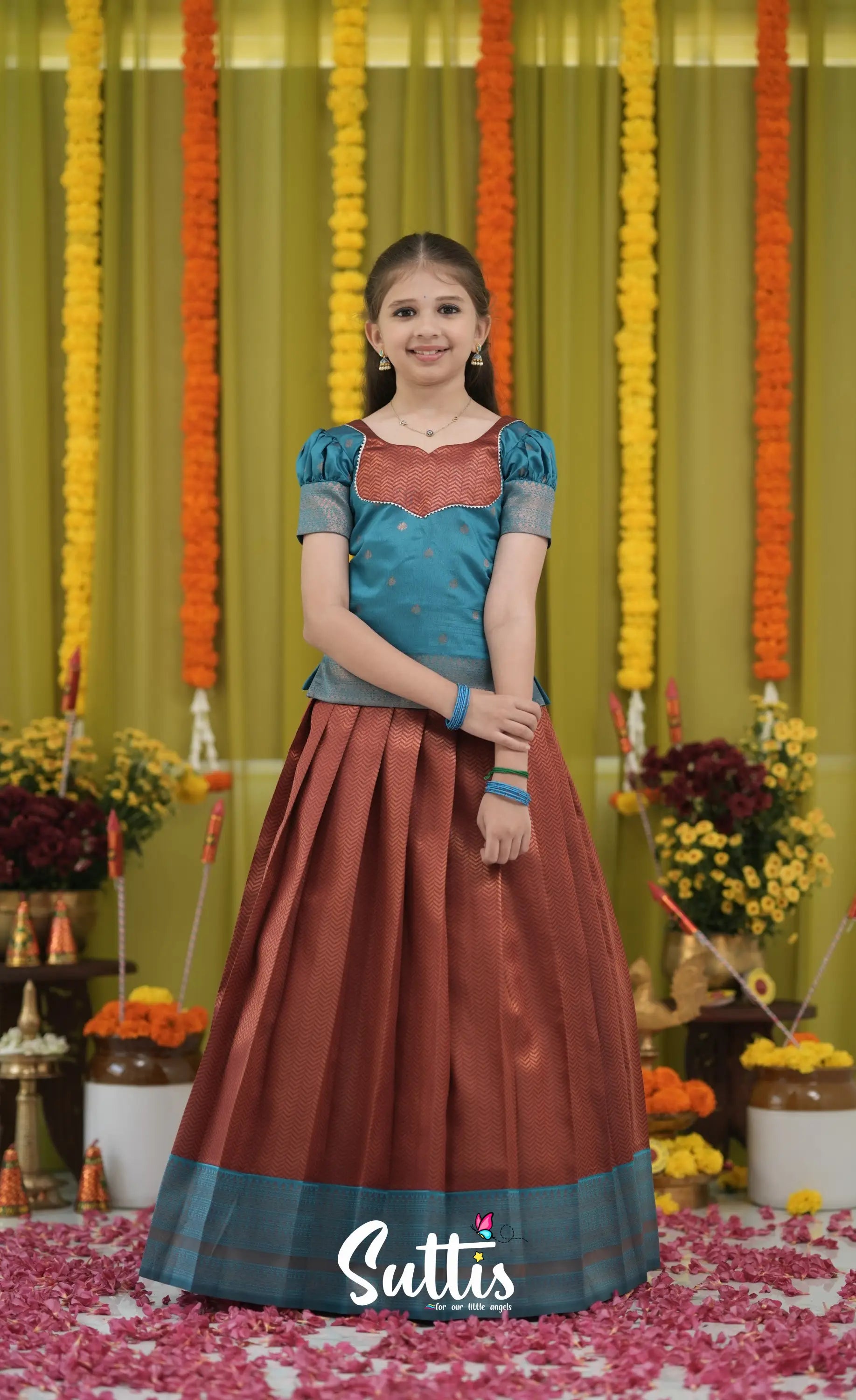 Blended Silk Pavadai Sattai - Brownish copper and Teal Kids-Suttis