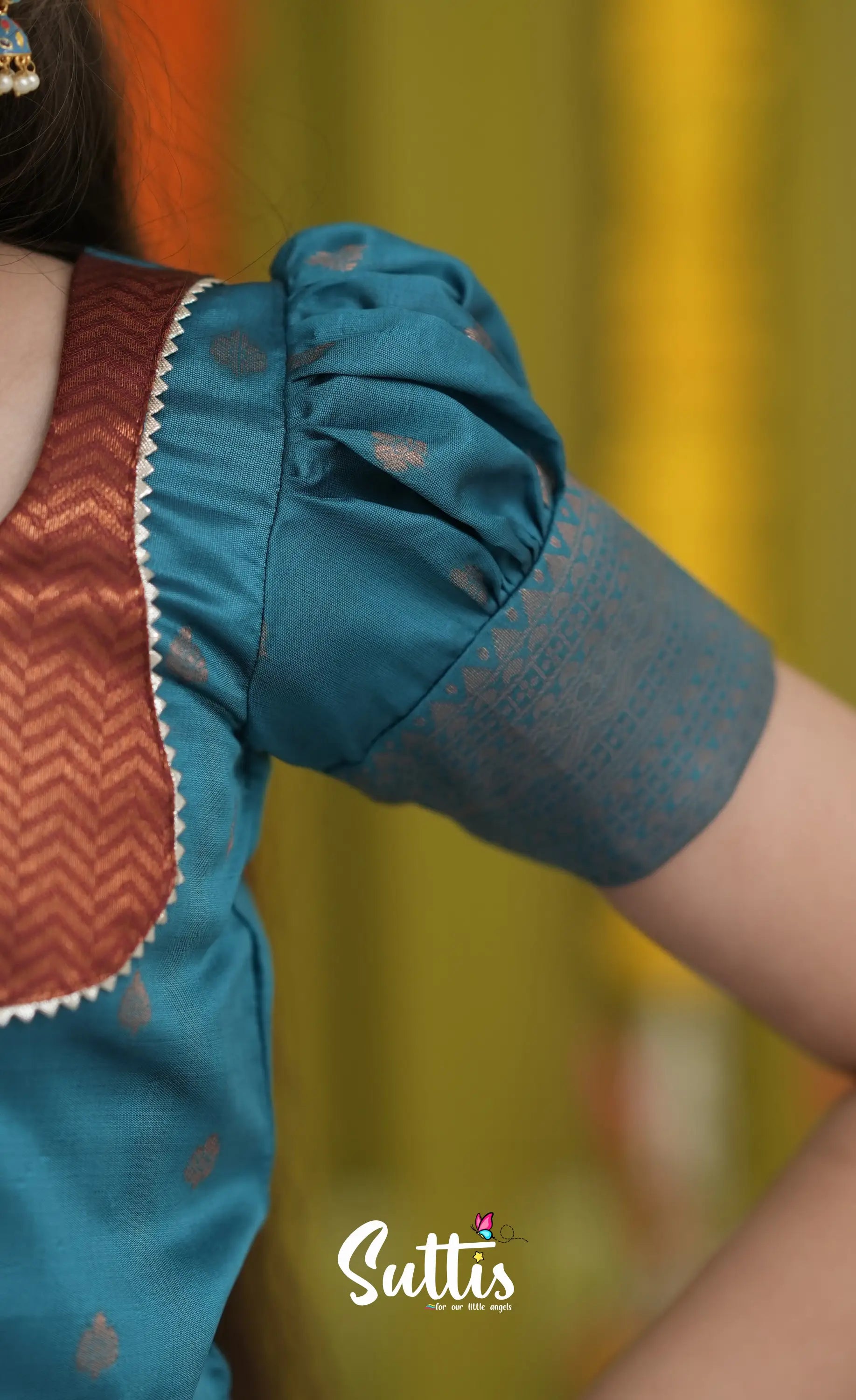 Blended Silk Pavadai Sattai - Brownish copper and Teal Kids-Suttis