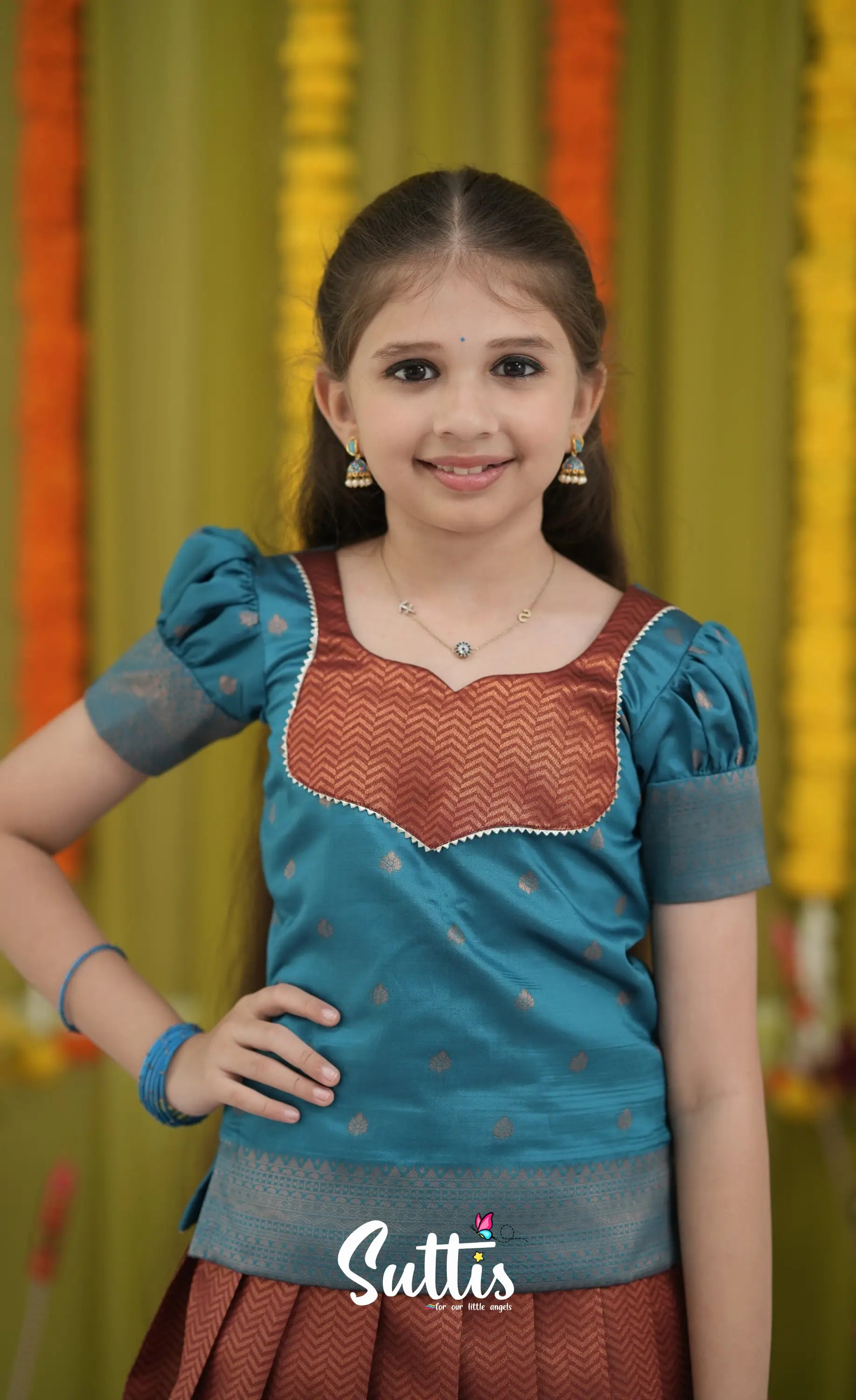 Blended Silk Pavadai Sattai - Brownish copper and Teal Kids-Suttis