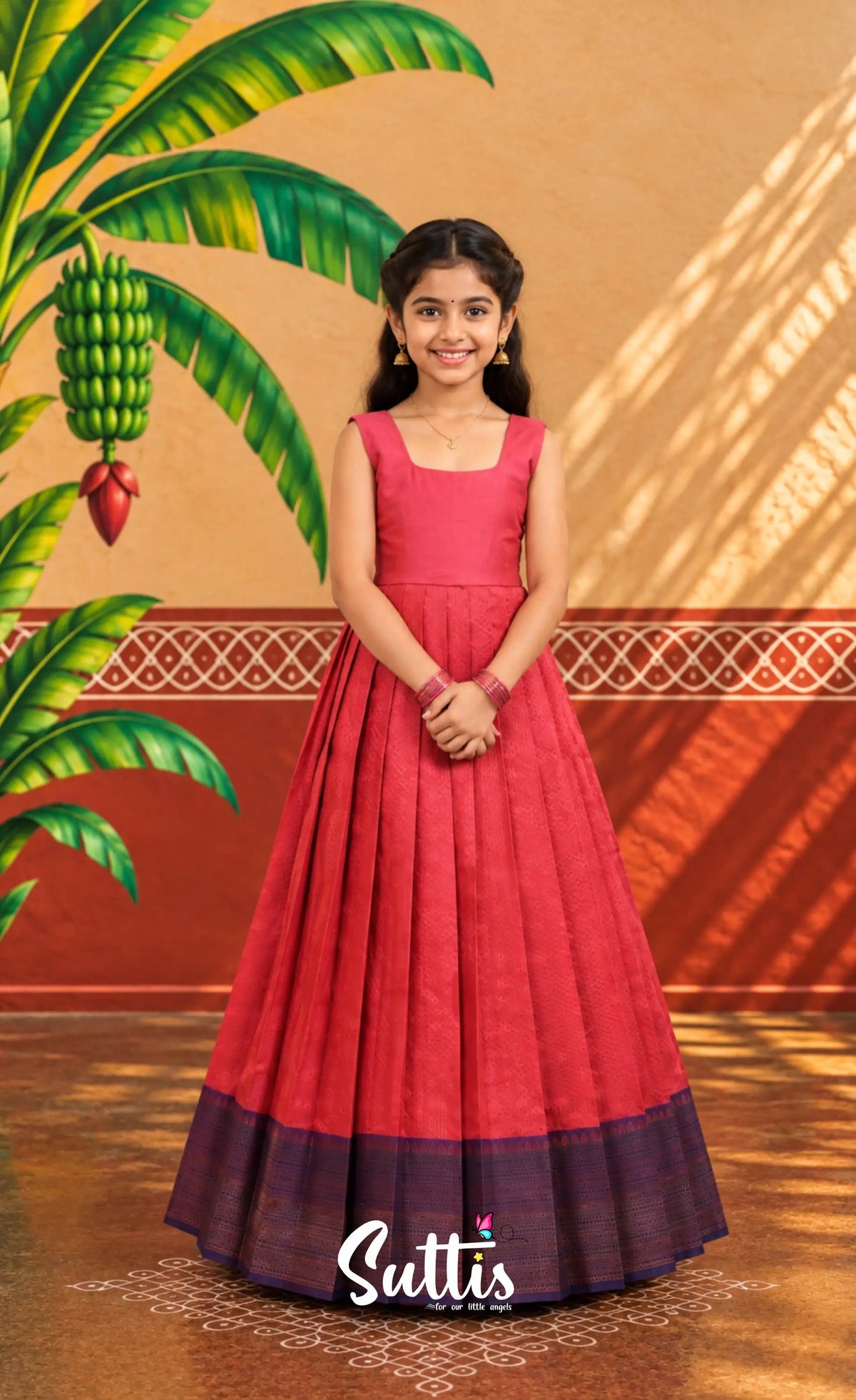 Blended Silk Pavadai Sattai - Coral Orange and Deep Blue - Kids-Suttis