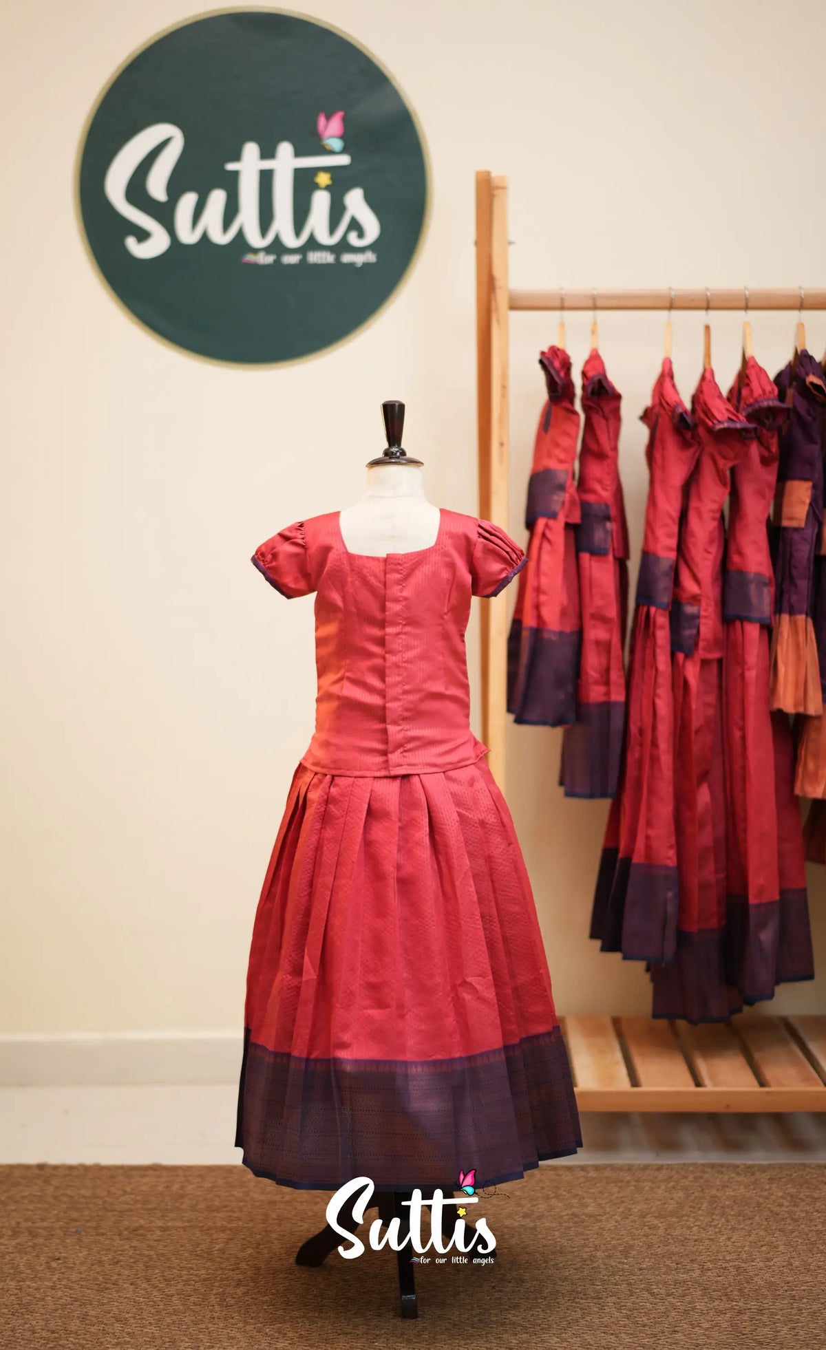 Blended Silk Pavadai Sattai - Coral Orange and Deep Blue - Kids-Suttis