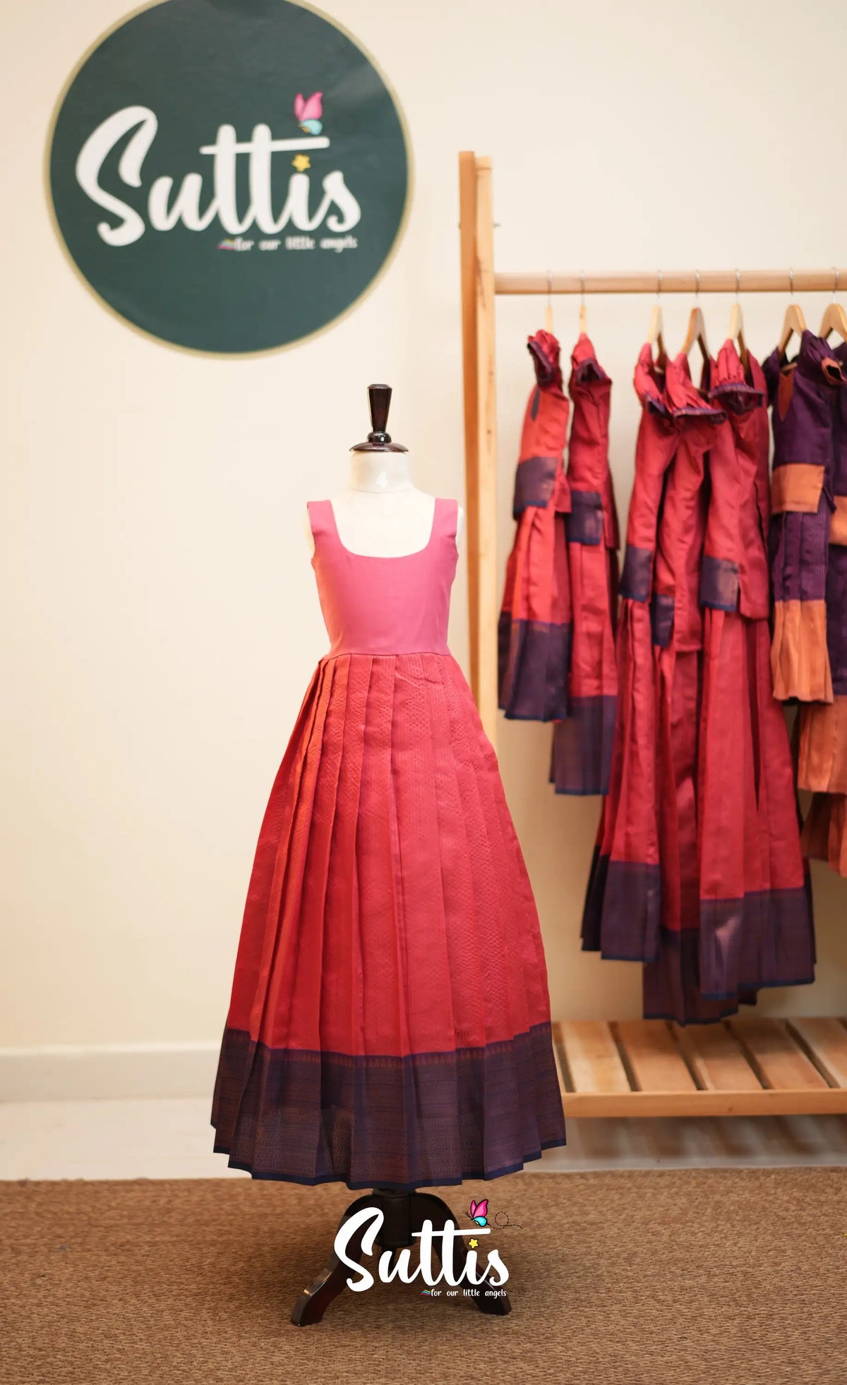Blended Silk Pavadai Sattai - Coral Orange and Deep Blue - Kids-Suttis
