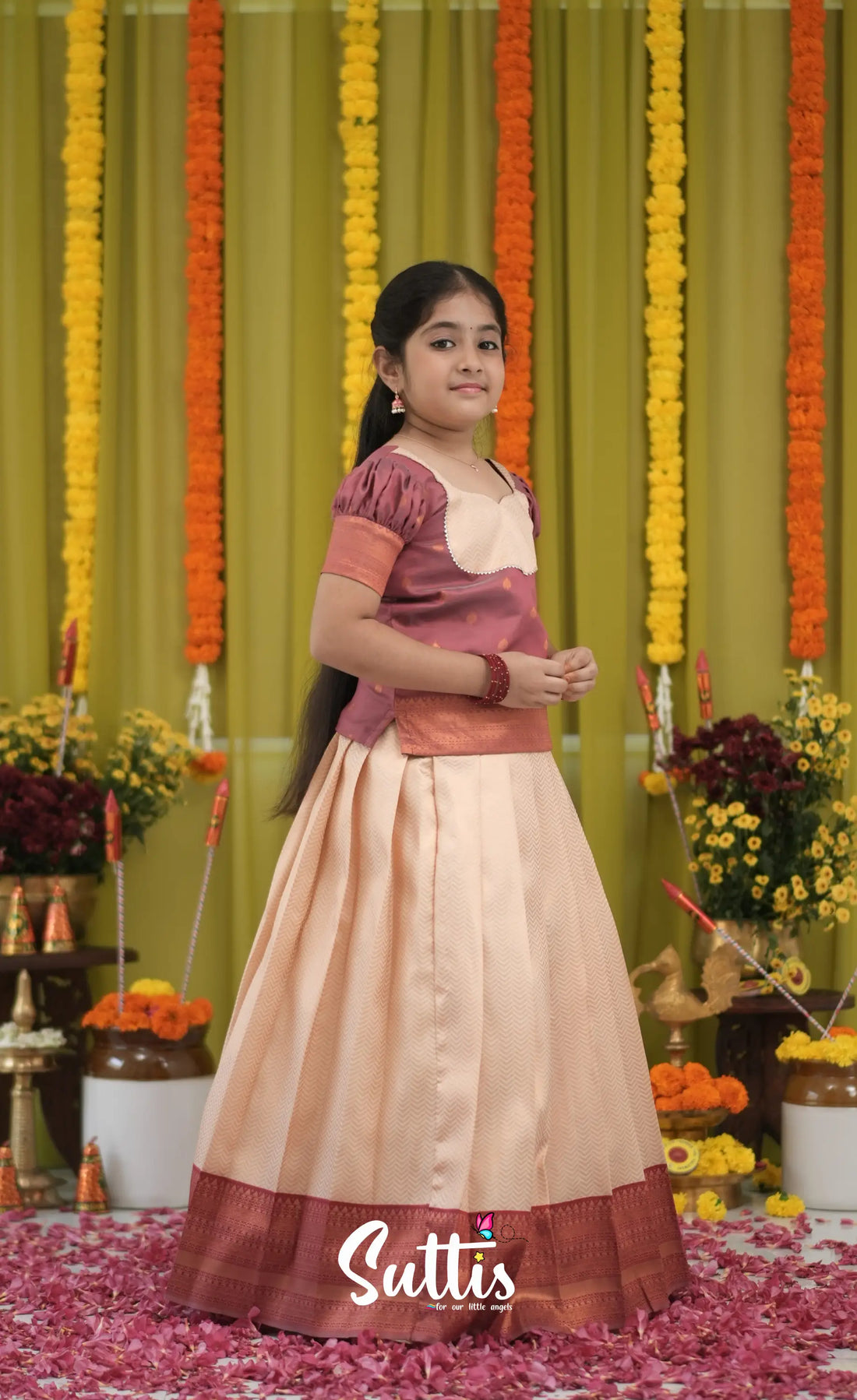 Blended Silk Pavadai Sattai - Cream and dull Maroon Kids-Suttis