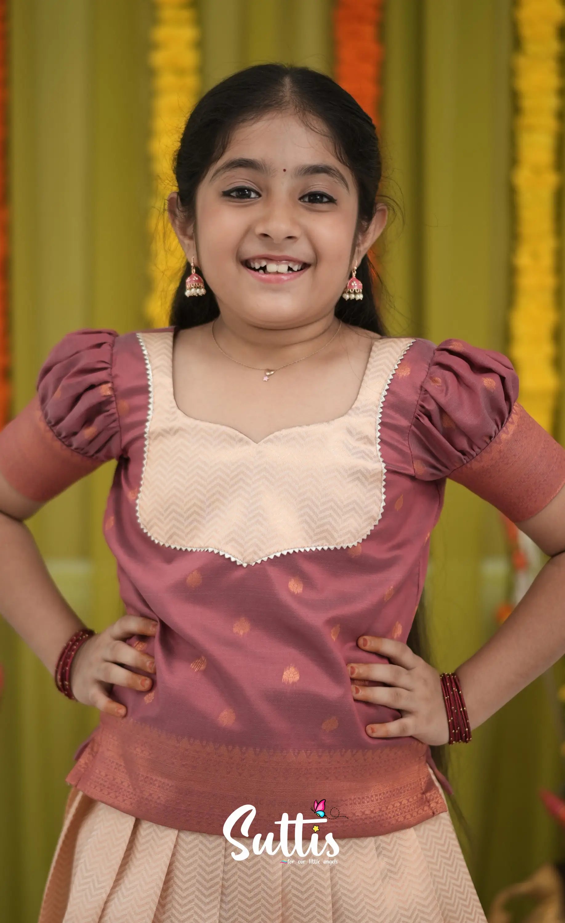Blended Silk Pavadai Sattai - Cream and dull Maroon Kids-Suttis