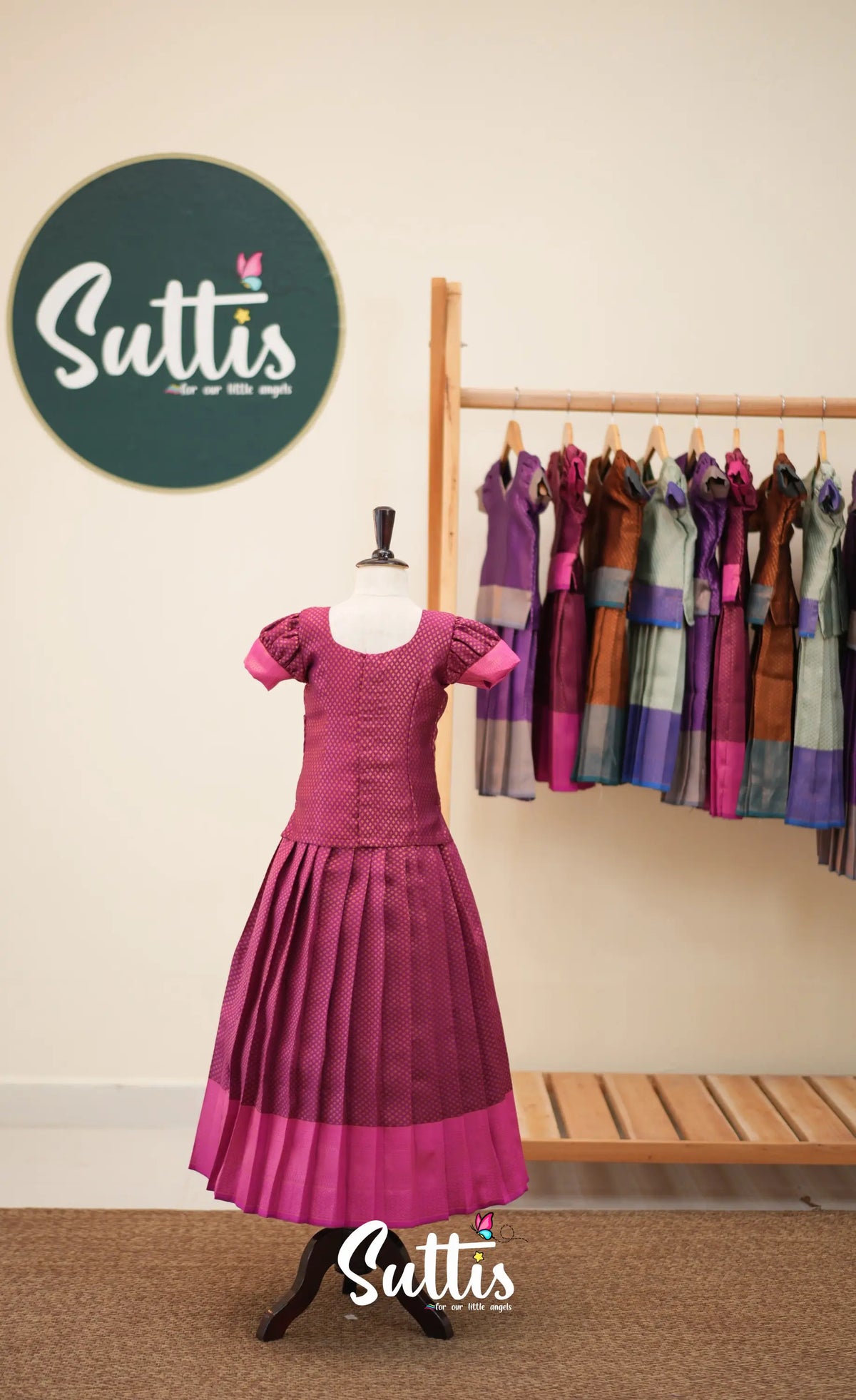 Blended Silk Pavadai Sattai - Dark Magenta and Pink - Kids-Suttis