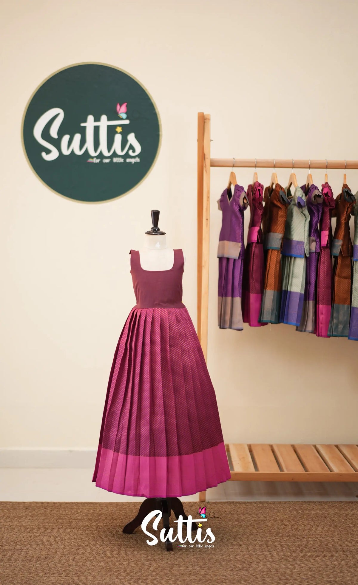 Blended Silk Pavadai Sattai - Dark Magenta and Pink - Kids-Suttis