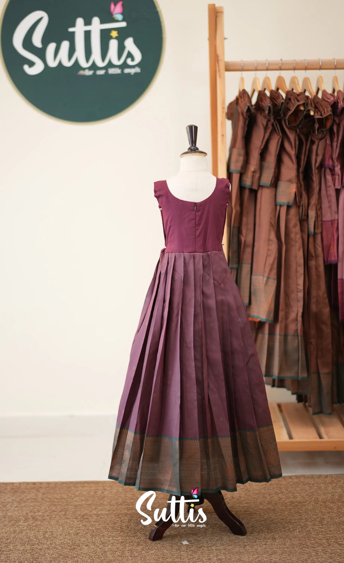 Blended Silk Pavadai Sattai - Dark Maroon and Deep Green - Kids-Suttis