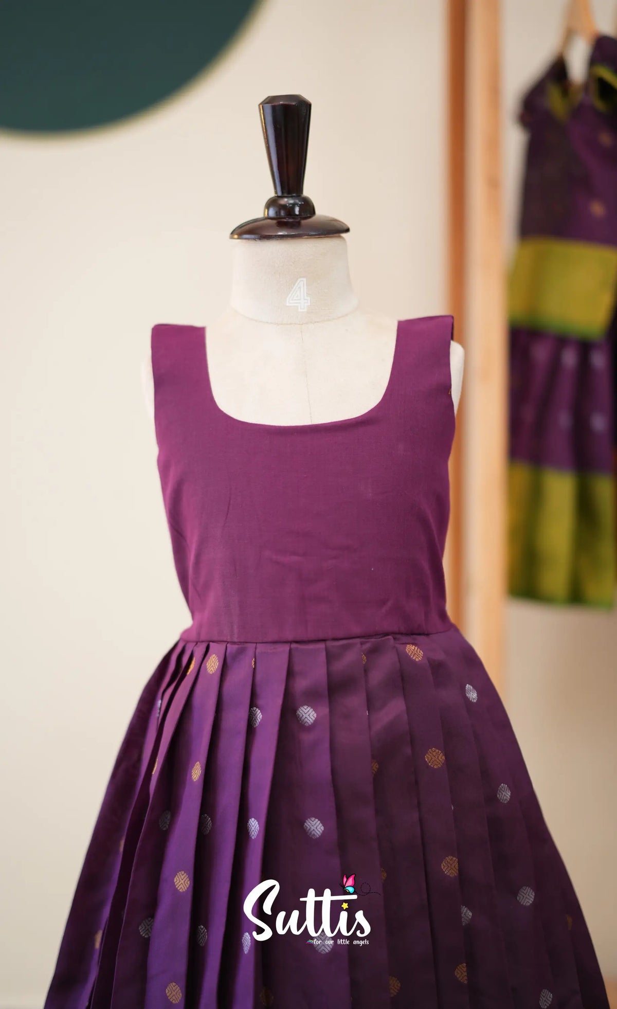 Blended Silk Pavadai Sattai - Dark Purple and Leaf Green - Kids-Suttis