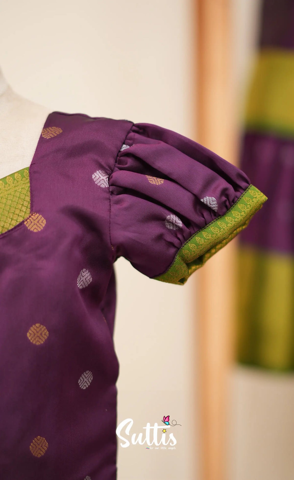 Blended Silk Pavadai Sattai - Dark Purple and Leaf Green - Kids-Suttis