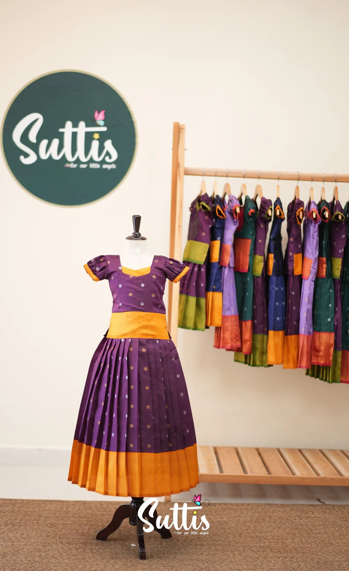 Blended Silk Pavadai Sattai - Dark Purple and Mustard - Kids-Suttis