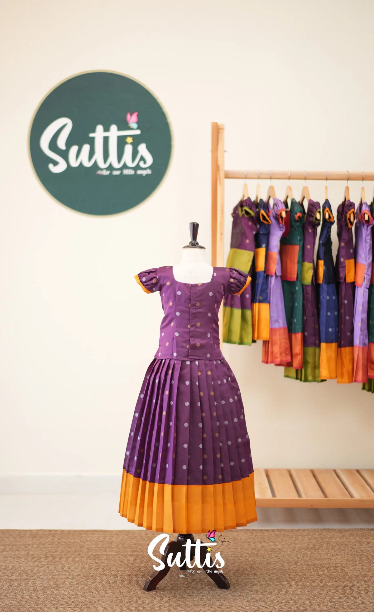 Blended Silk Pavadai Sattai - Dark Purple and Mustard - Kids-Suttis