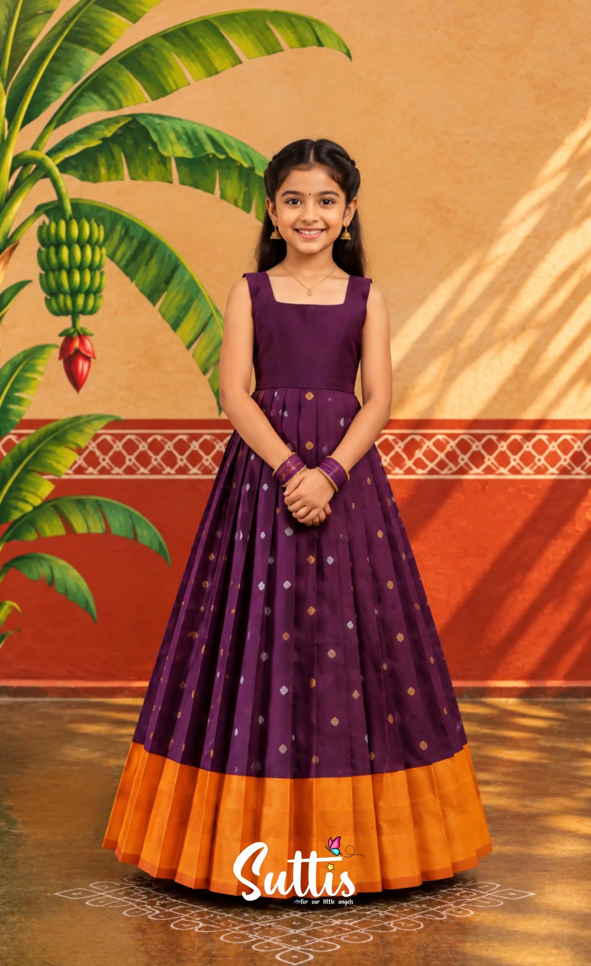 Blended Silk Pavadai Sattai - Dark Purple and Mustard - Kids-Suttis