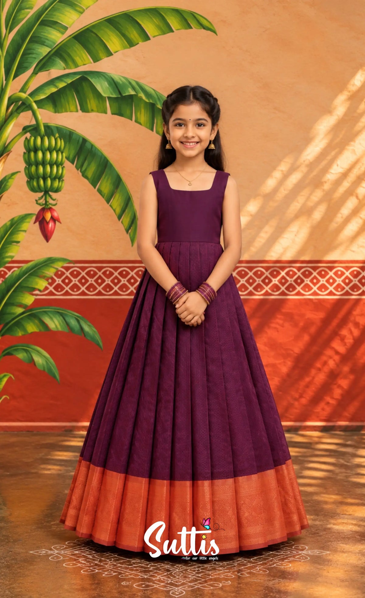 Blended Silk Pavadai Sattai - Dark Purple and Peach - Kids-Suttis