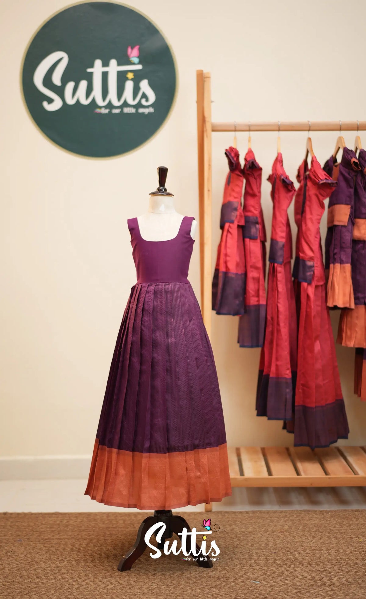Blended Silk Pavadai Sattai - Dark Purple and Peach - Kids-Suttis