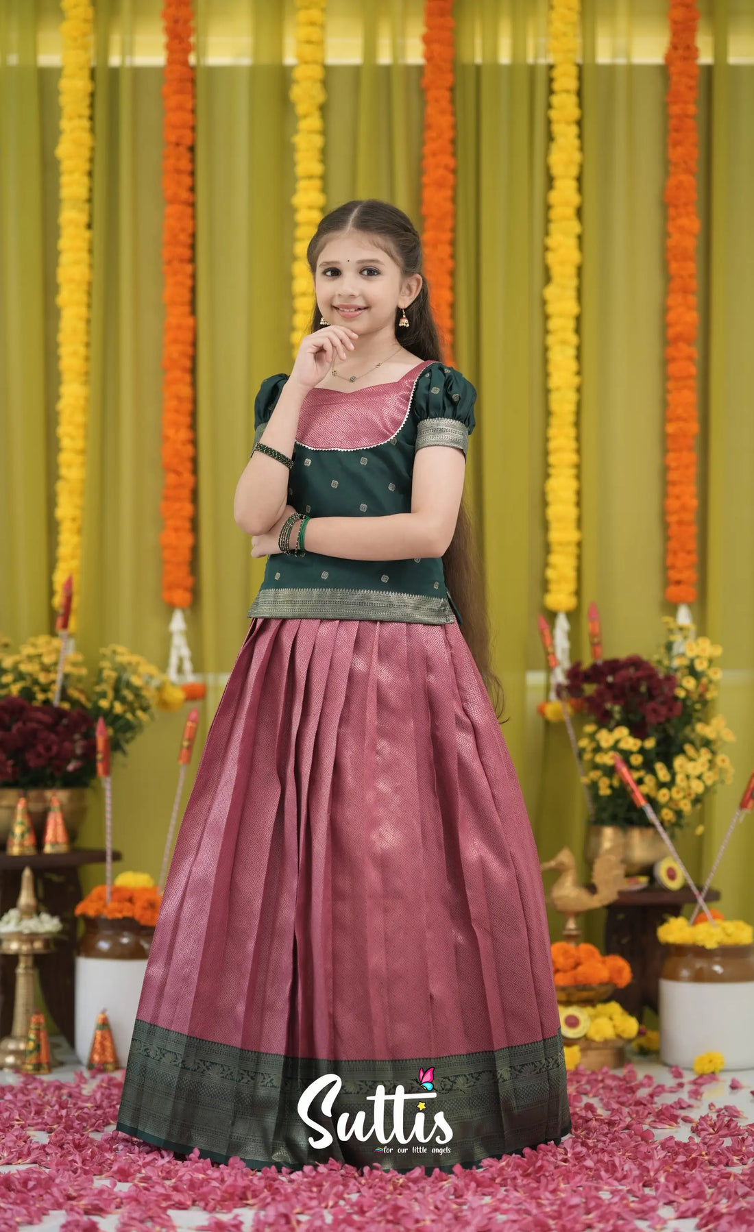 Blended Silk Pavadai Sattai - Deep Pink and Dark Green Kids-Suttis